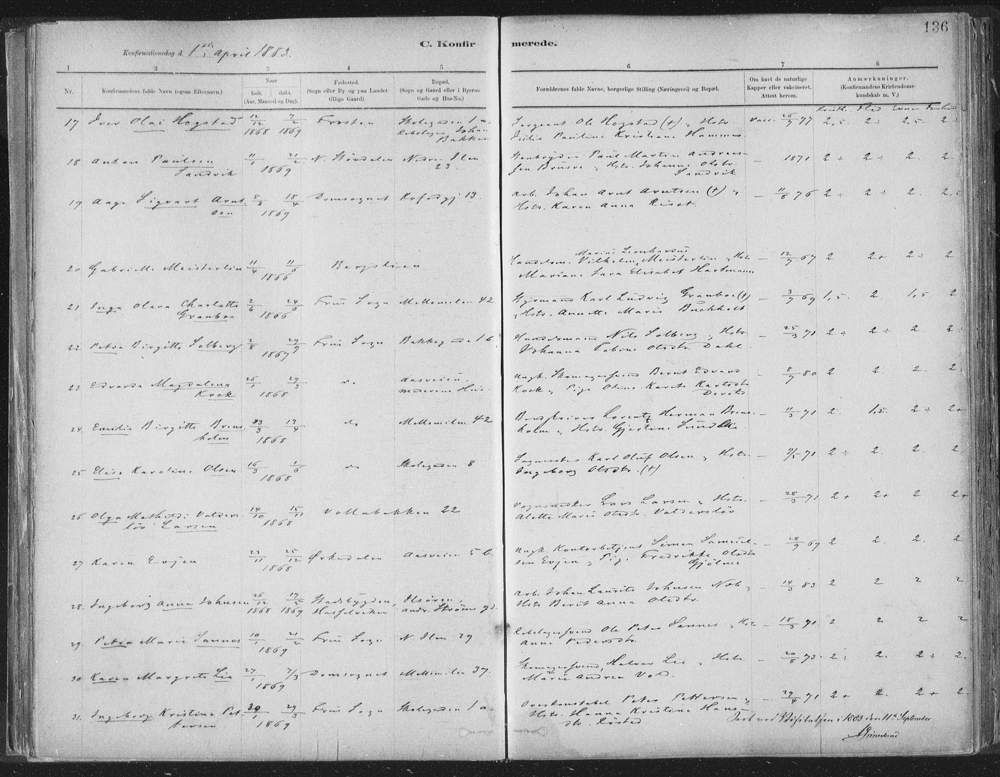 Ministerialprotokoller, klokkerbøker og fødselsregistre - Sør-Trøndelag, SAT/A-1456/603/L0162: Ministerialbok nr. 603A01, 1879-1895, s. 136