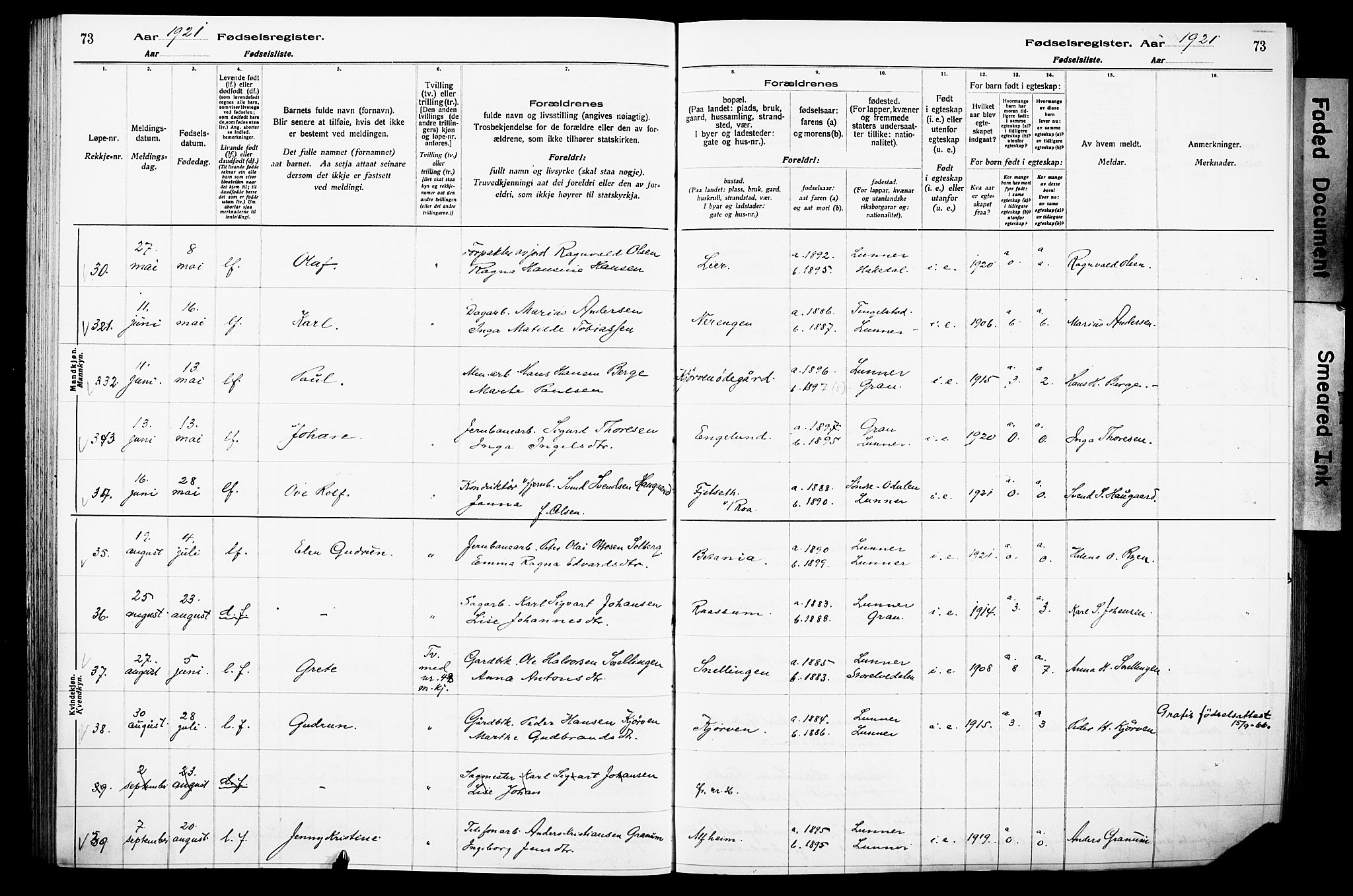 Lunner prestekontor, AV/SAH-PREST-118/I/Id/L0001: Fødselsregister nr. 1, 1916-1932, s. 73