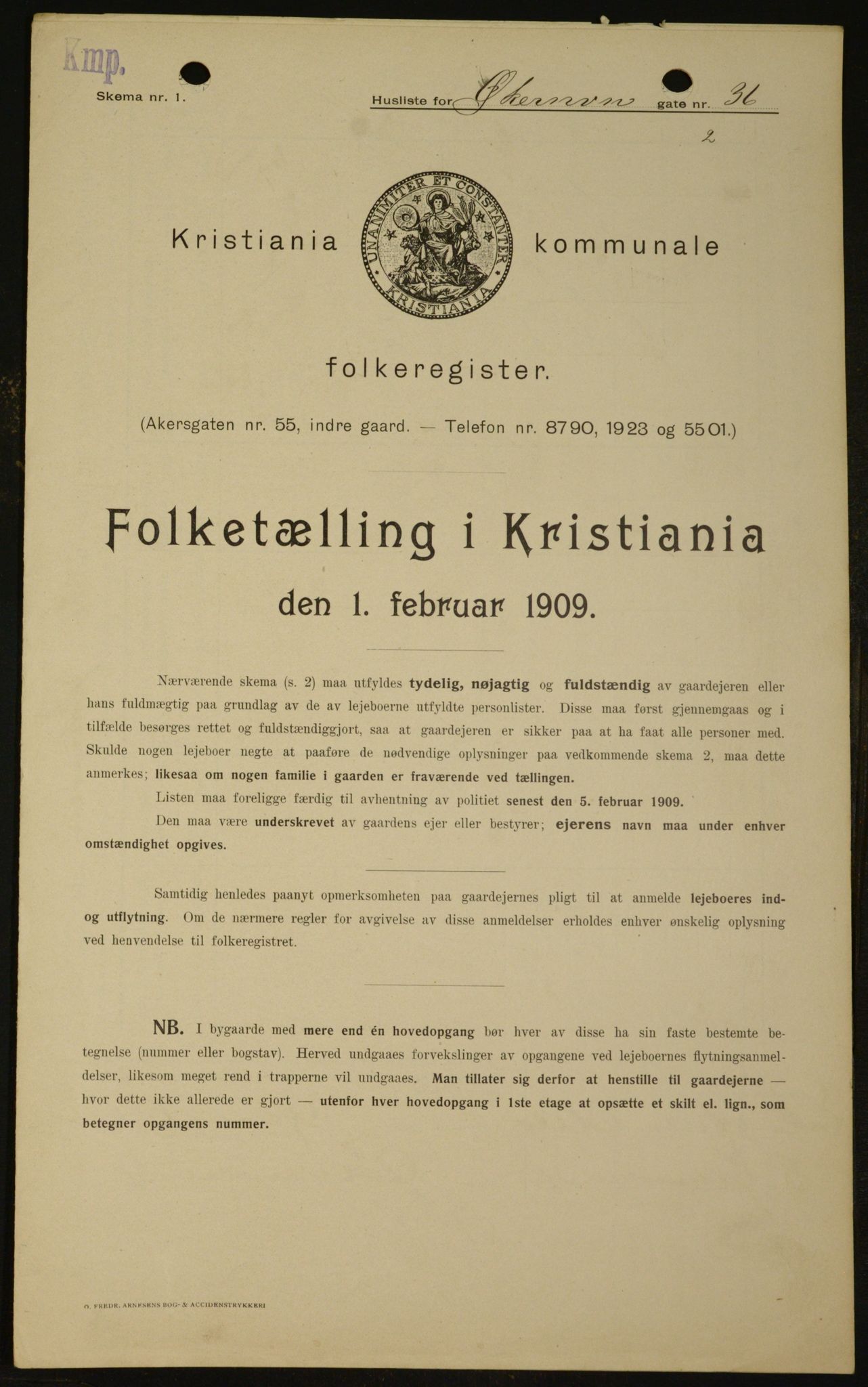 OBA, Kommunal folketelling 1.2.1909 for Kristiania kjøpstad, 1909, s. 117058