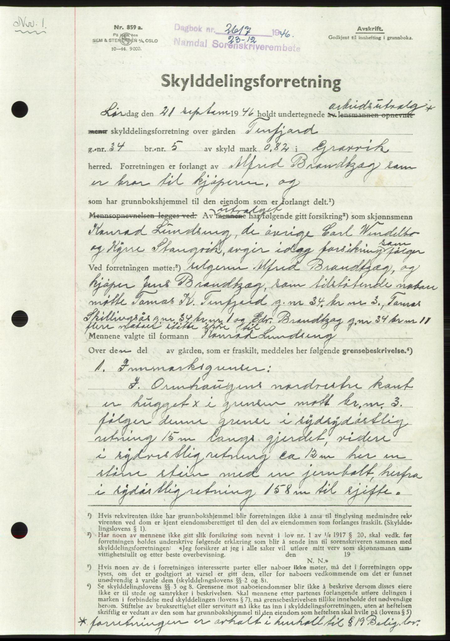 Namdal sorenskriveri, SAT/A-4133/1/2/2C: Pantebok nr. -, 1946-1947, Dagboknr: 2617/1946