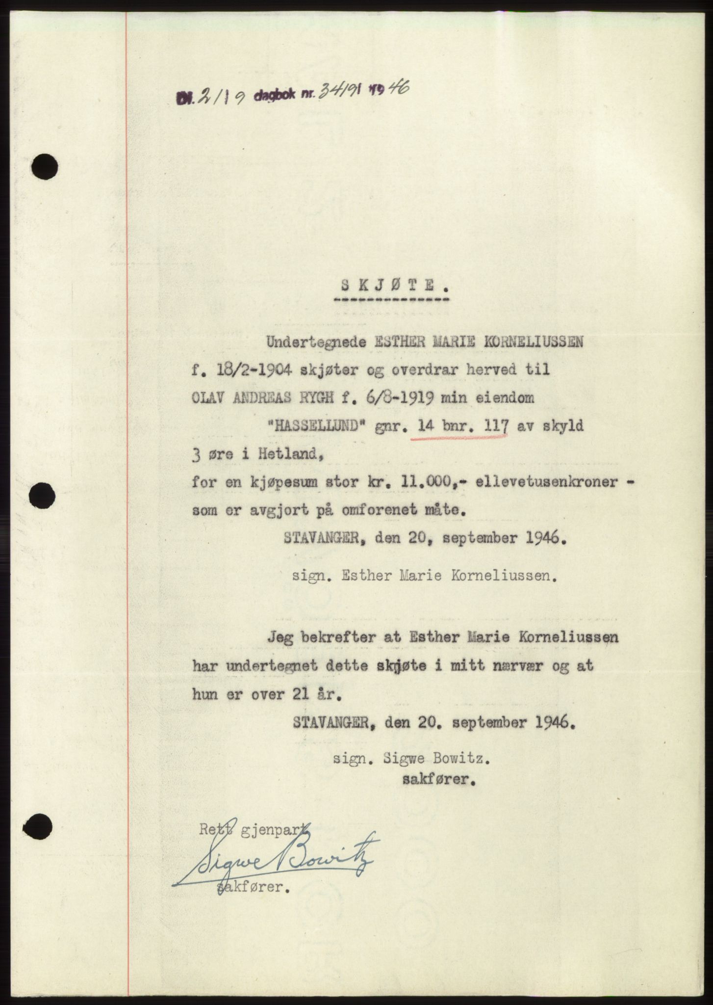 Jæren sorenskriveri, SAST/A-100310/03/G/Gba/L0091: Pantebok, 1946-1946, Dagboknr: 3419/1946