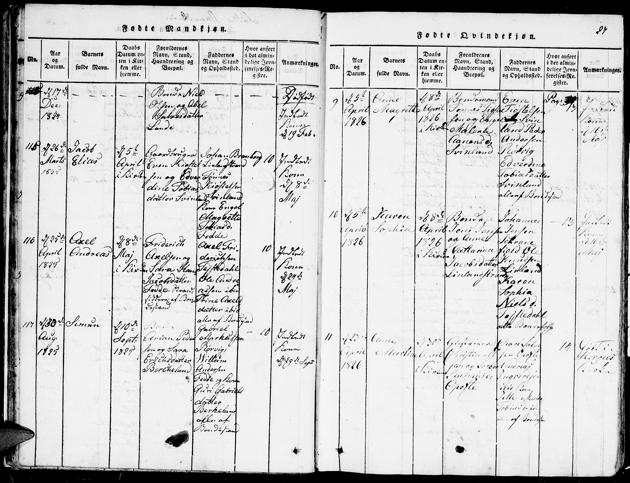 Kvinesdal sokneprestkontor, AV/SAK-1111-0026/F/Fa/Faa/L0001: Ministerialbok nr. A 1, 1815-1849, s. 27