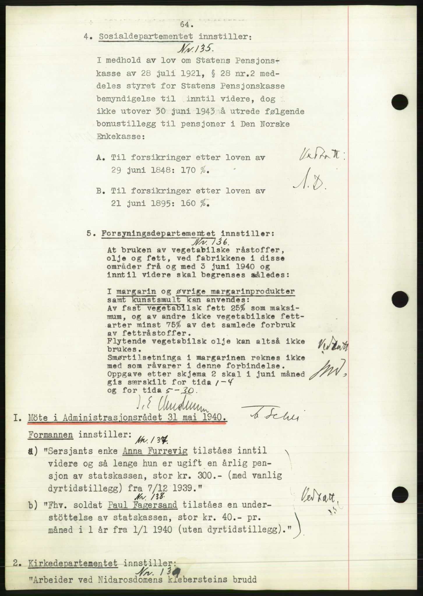 Administrasjonsrådet, AV/RA-S-1004/A/L0002: Vedtaksprotokoll 16/4-25/9, 1940, s. 68