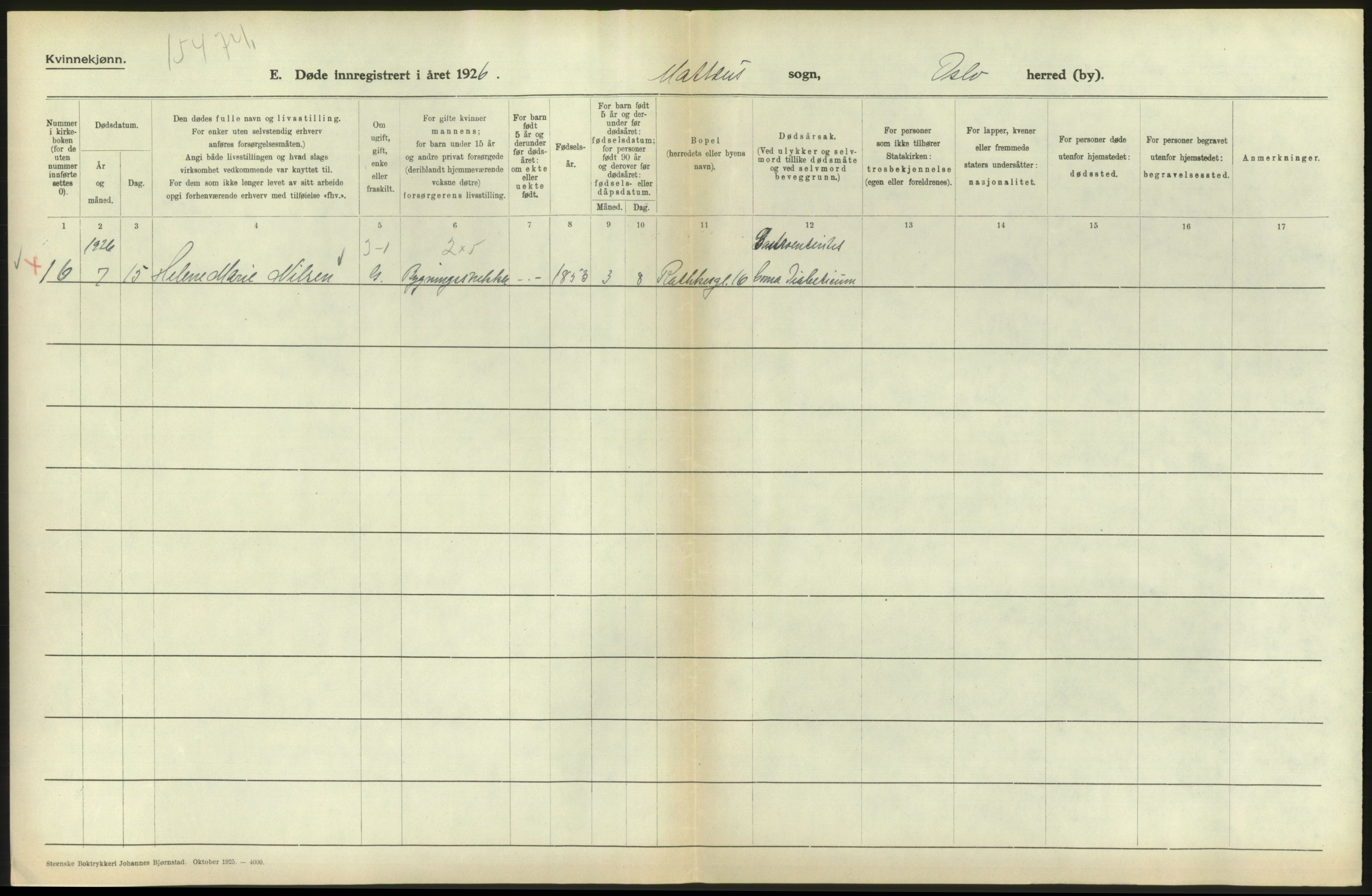 Statistisk sentralbyrå, Sosiodemografiske emner, Befolkning, AV/RA-S-2228/D/Df/Dfc/Dfcf/L0010: Oslo: Døde kvinner, dødfødte, 1926, s. 544