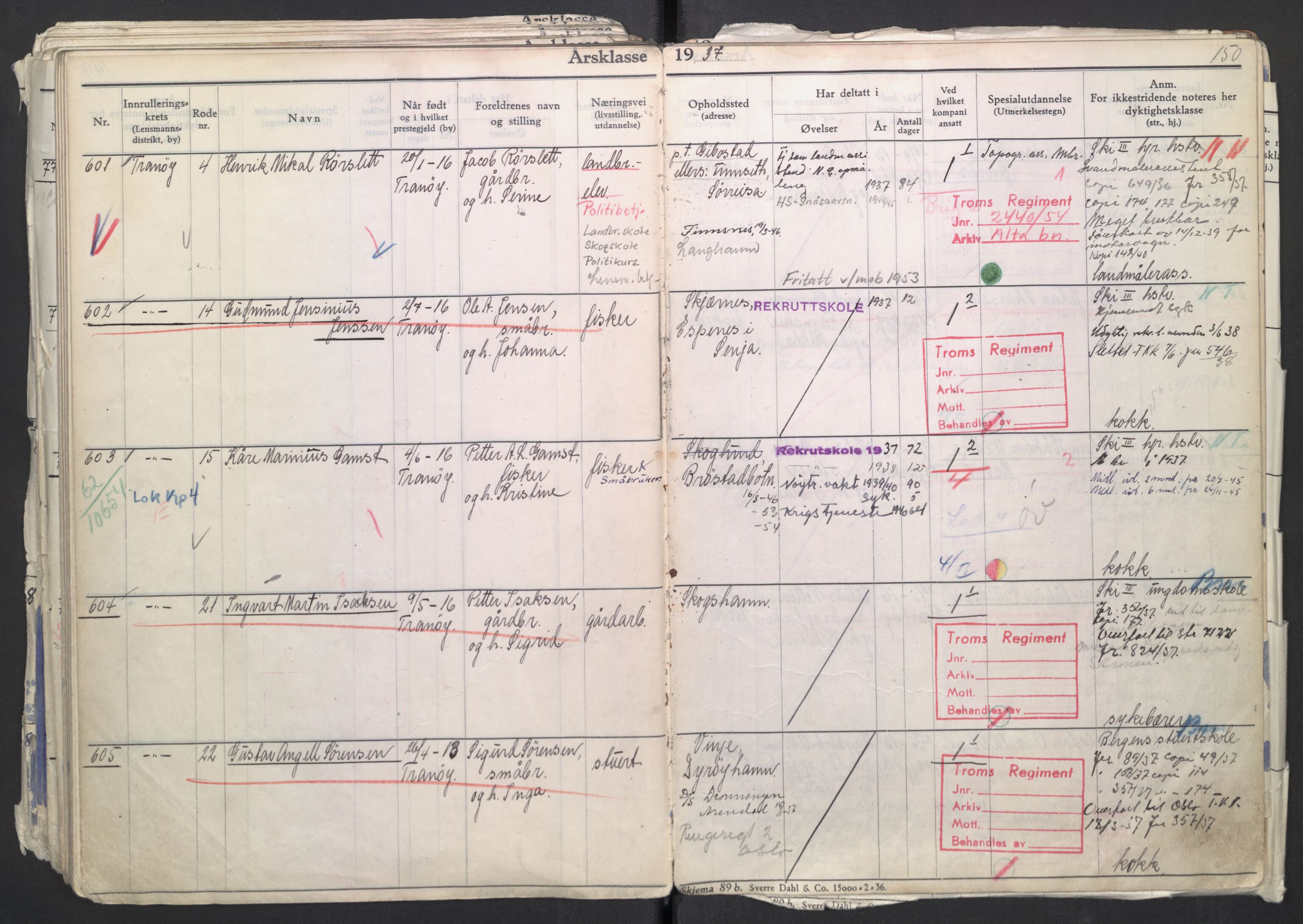 Forsvaret, Troms infanteriregiment nr. 16, AV/RA-RAFA-3146/P/Pa/L0007/0002: Ruller / Rulle for regimentets menige mannskaper, årsklasse 1937, 1937, s. 150