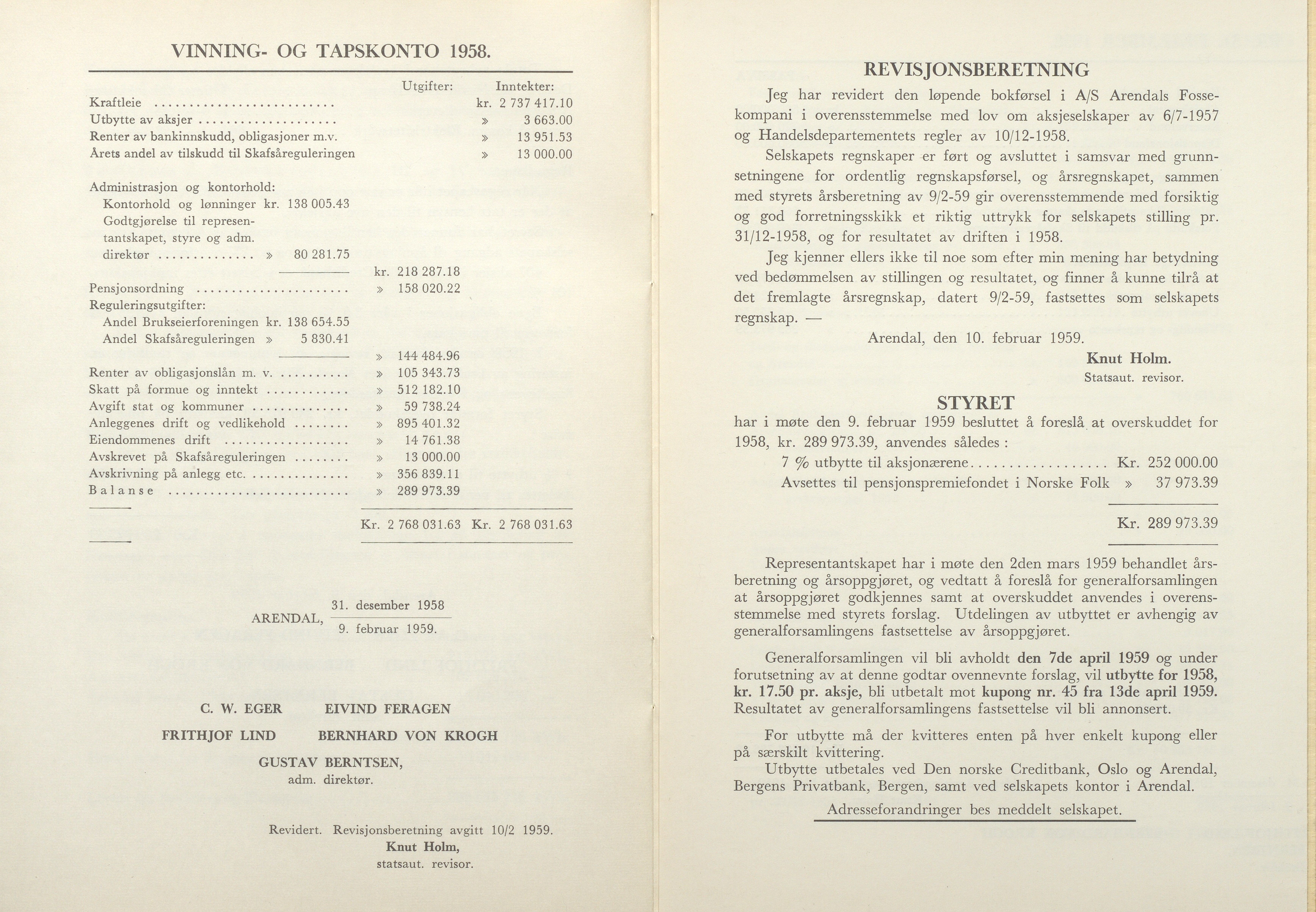 Arendals Fossekompani, AAKS/PA-2413/X/X01/L0001/0012: Beretninger, regnskap, balansekonto, gevinst- og tapskonto / Beretning, regnskap 1945 - 1962, 1945-1962, s. 83