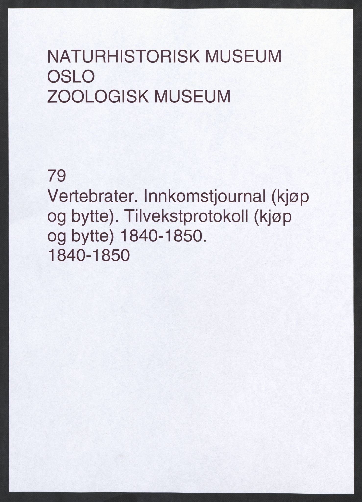 Naturhistorisk museum (Oslo), NHMO/-/5, 1840-1850