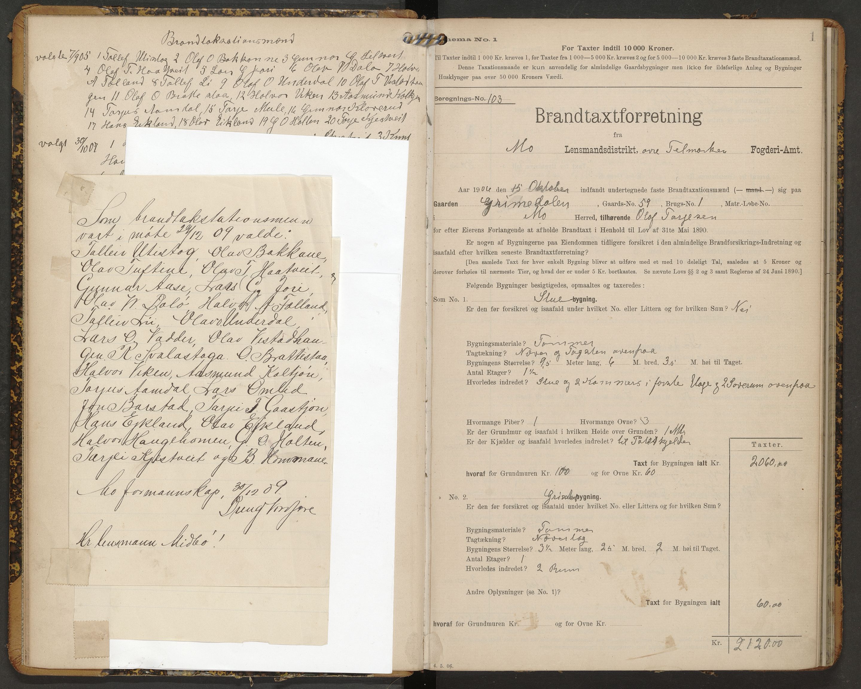 Mo lensmannskontor, AV/SAKO-A-1111/Y/Yc/Ycb/L0002: Skjematakstprotokoll, 1906-1916