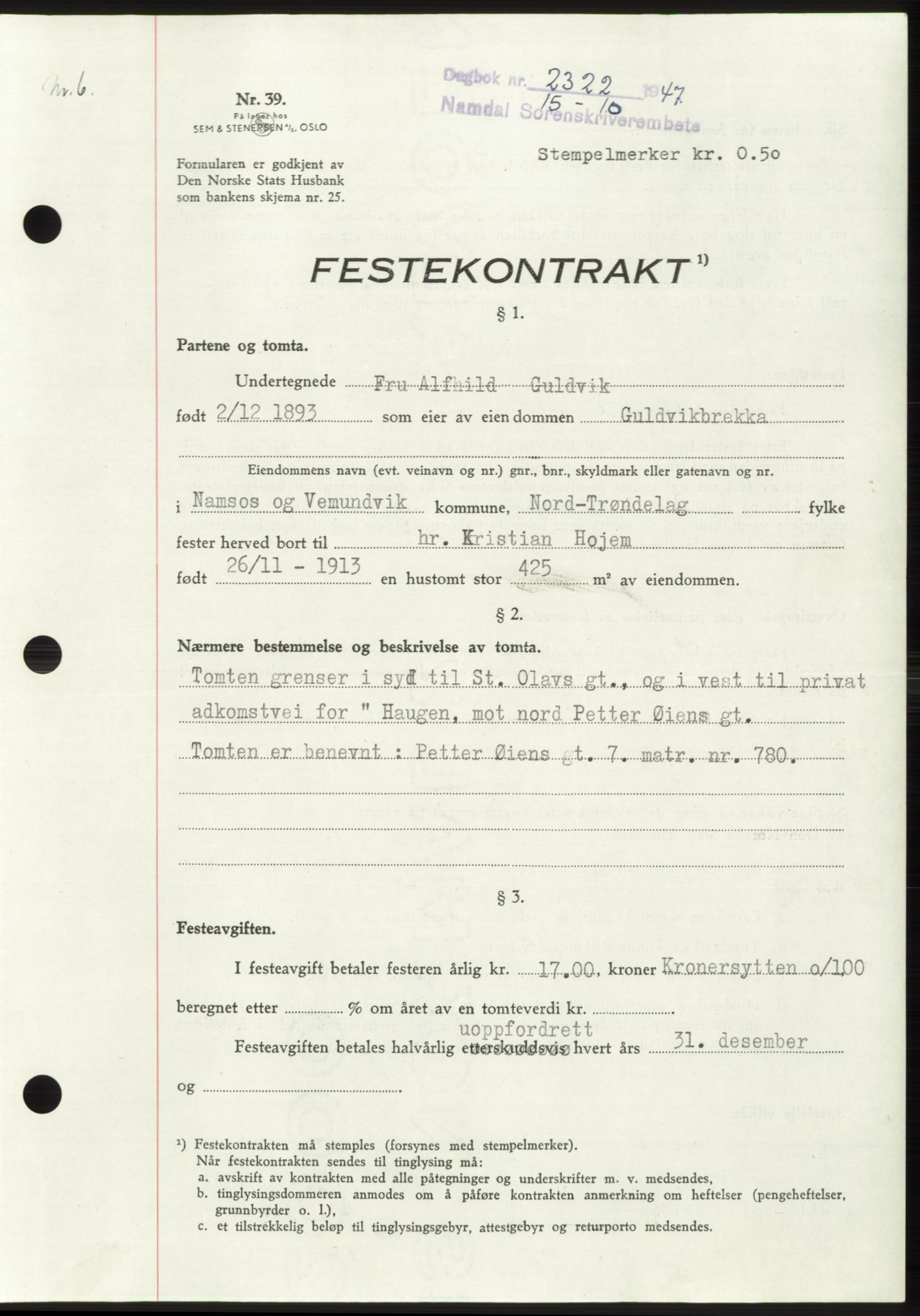 Namdal sorenskriveri, SAT/A-4133/1/2/2C: Pantebok nr. -, 1947-1947, Dagboknr: 2322/1947