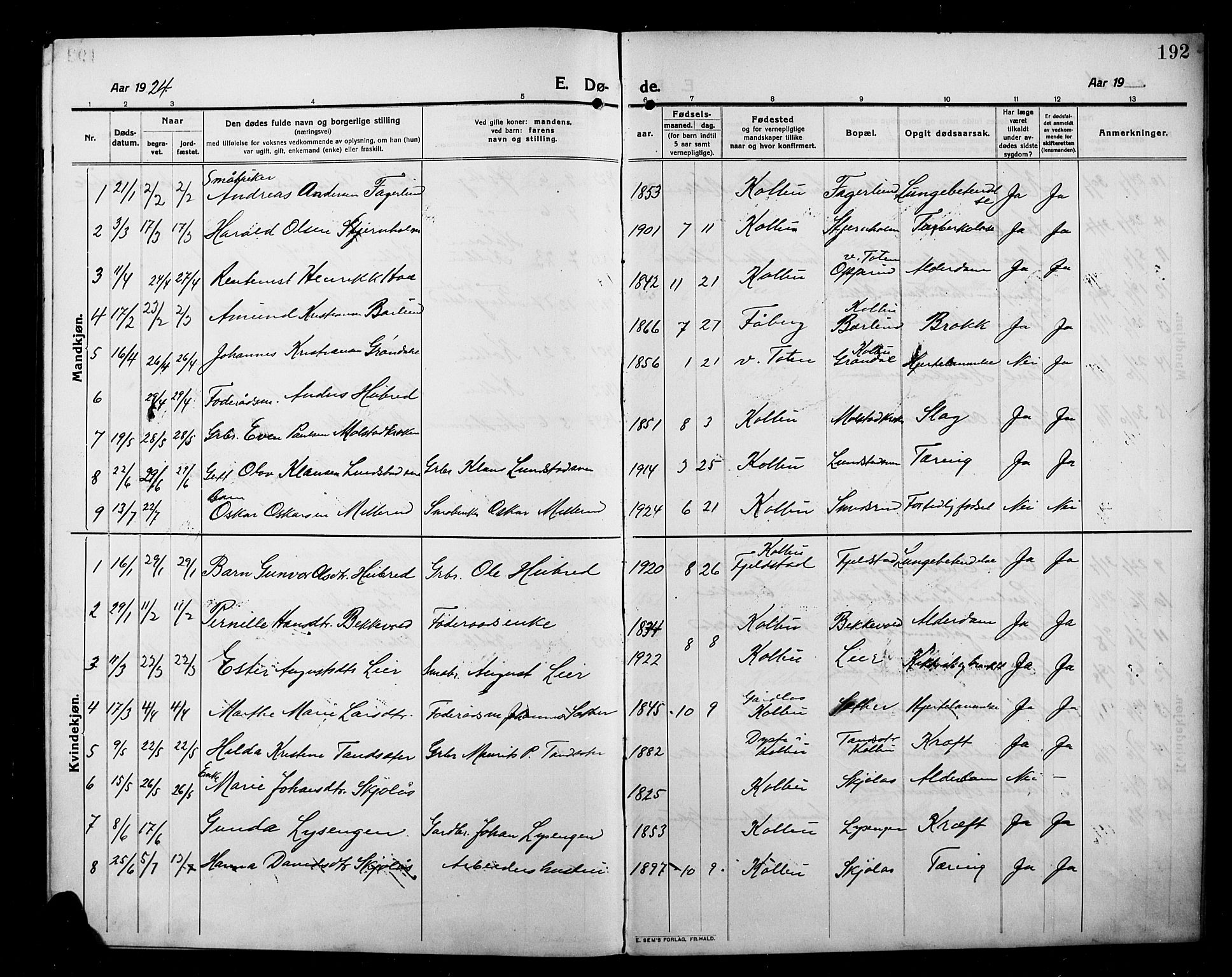 Kolbu prestekontor, AV/SAH-PREST-110/H/Ha/Hab/L0001: Klokkerbok nr. 1, 1912-1925, s. 192