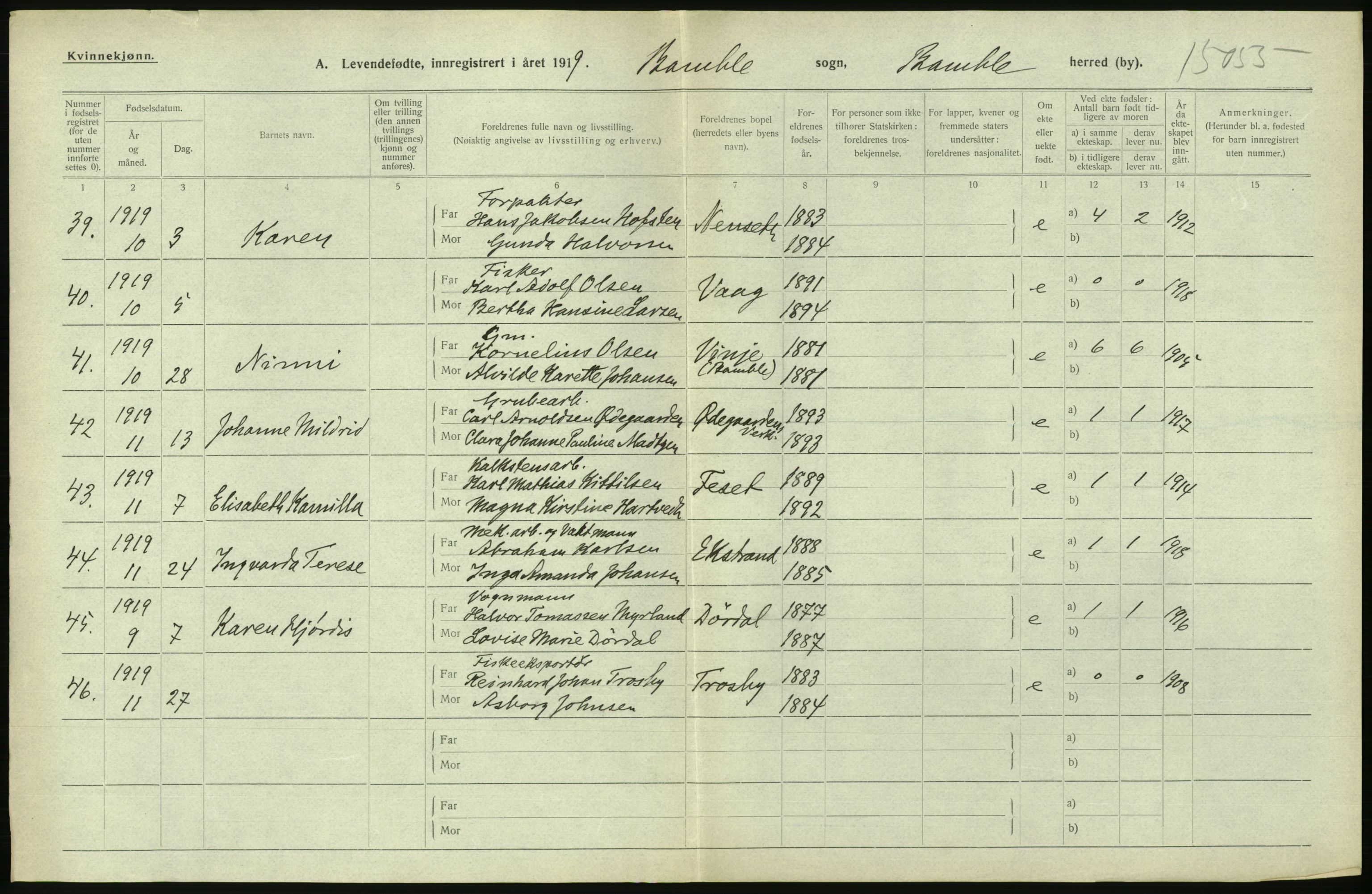 Statistisk sentralbyrå, Sosiodemografiske emner, Befolkning, AV/RA-S-2228/D/Df/Dfb/Dfbi/L0021: Telemark fylke: Levendefødte menn og kvinner. Bygder., 1919, s. 208