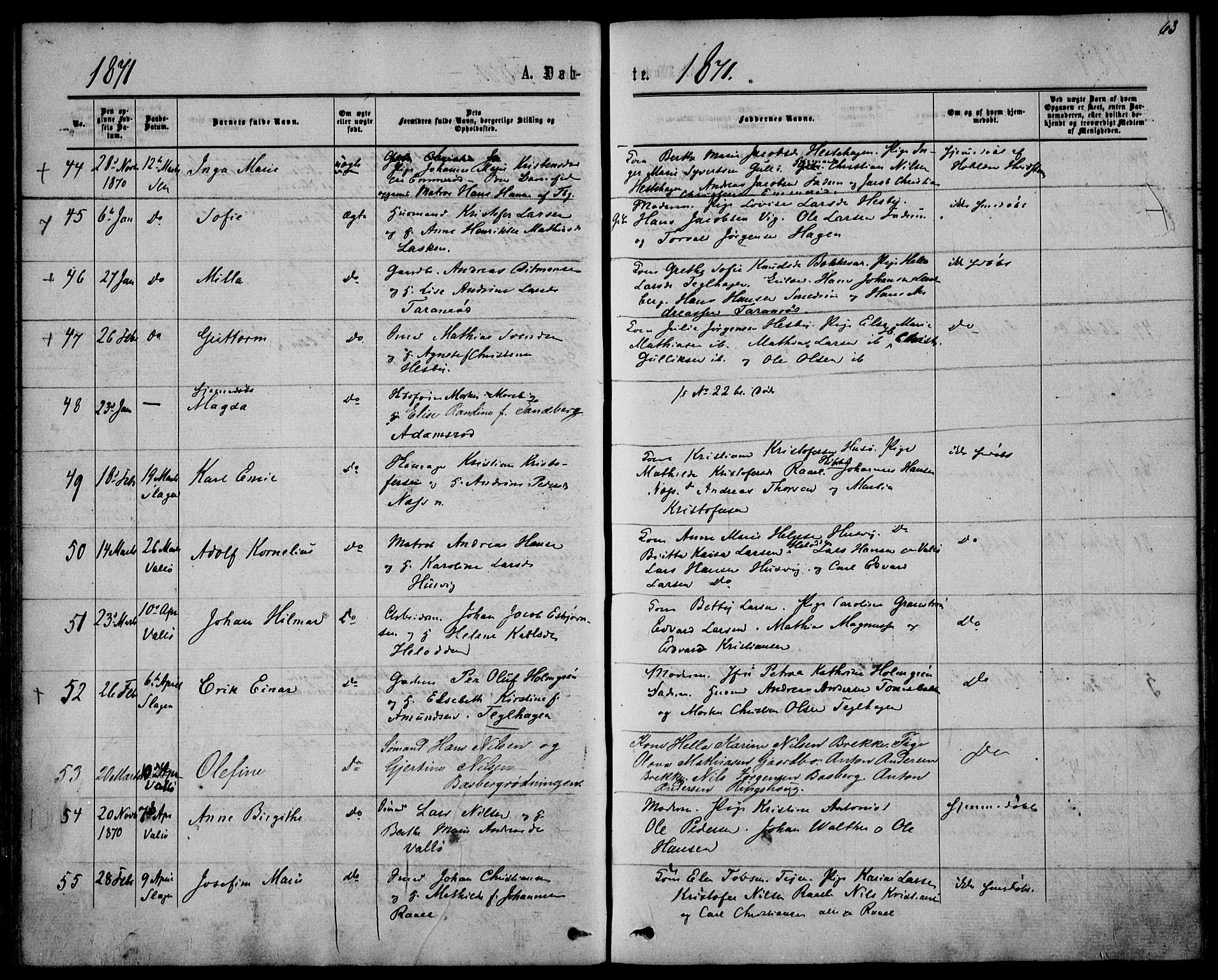 Sem kirkebøker, AV/SAKO-A-5/F/Fa/L0008: Ministerialbok nr. I 8, 1866-1873, s. 63