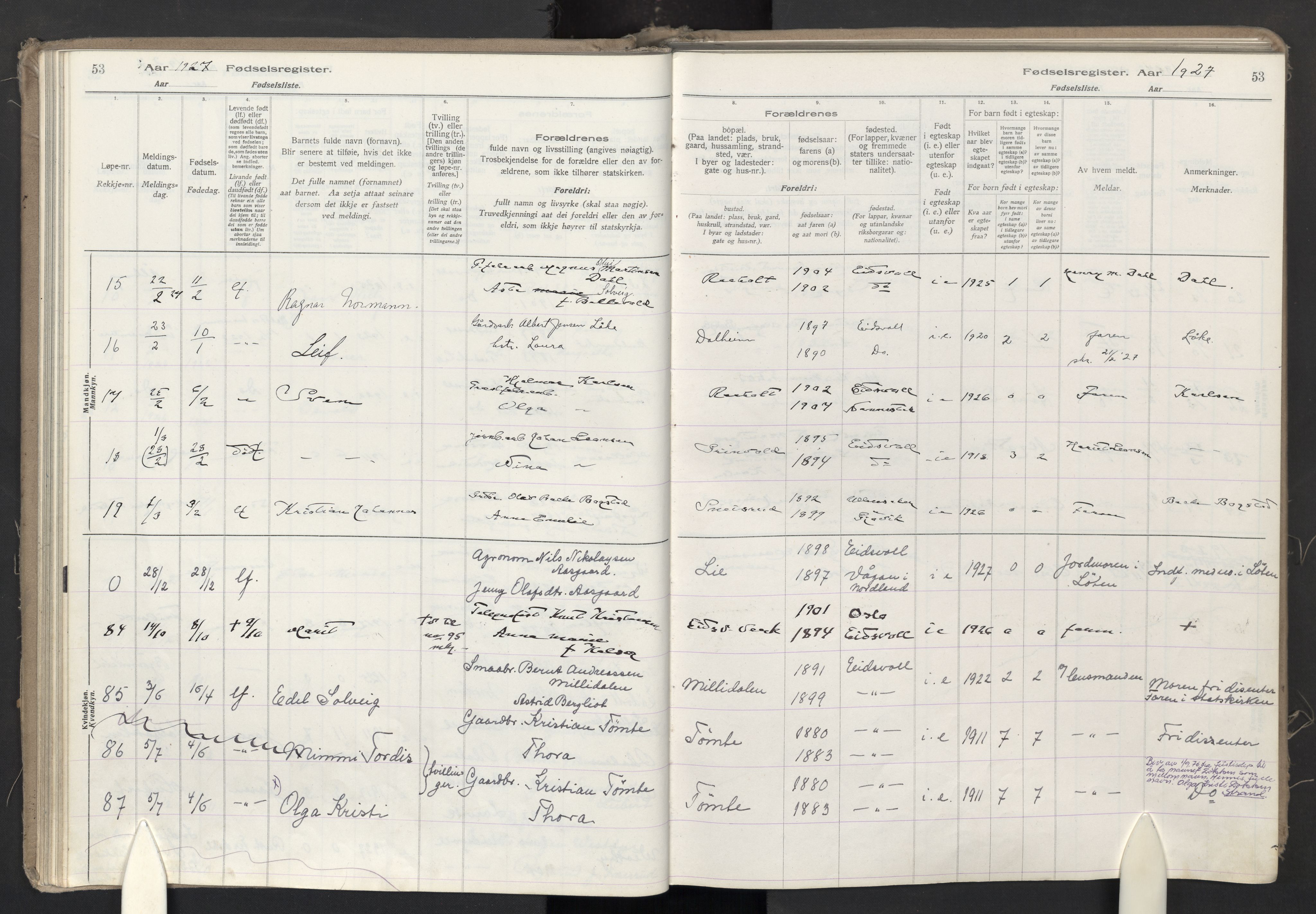 Eidsvoll prestekontor Kirkebøker, AV/SAO-A-10888/J/Ja/L0002: Fødselsregister nr. I 2, 1924-1937, s. 53