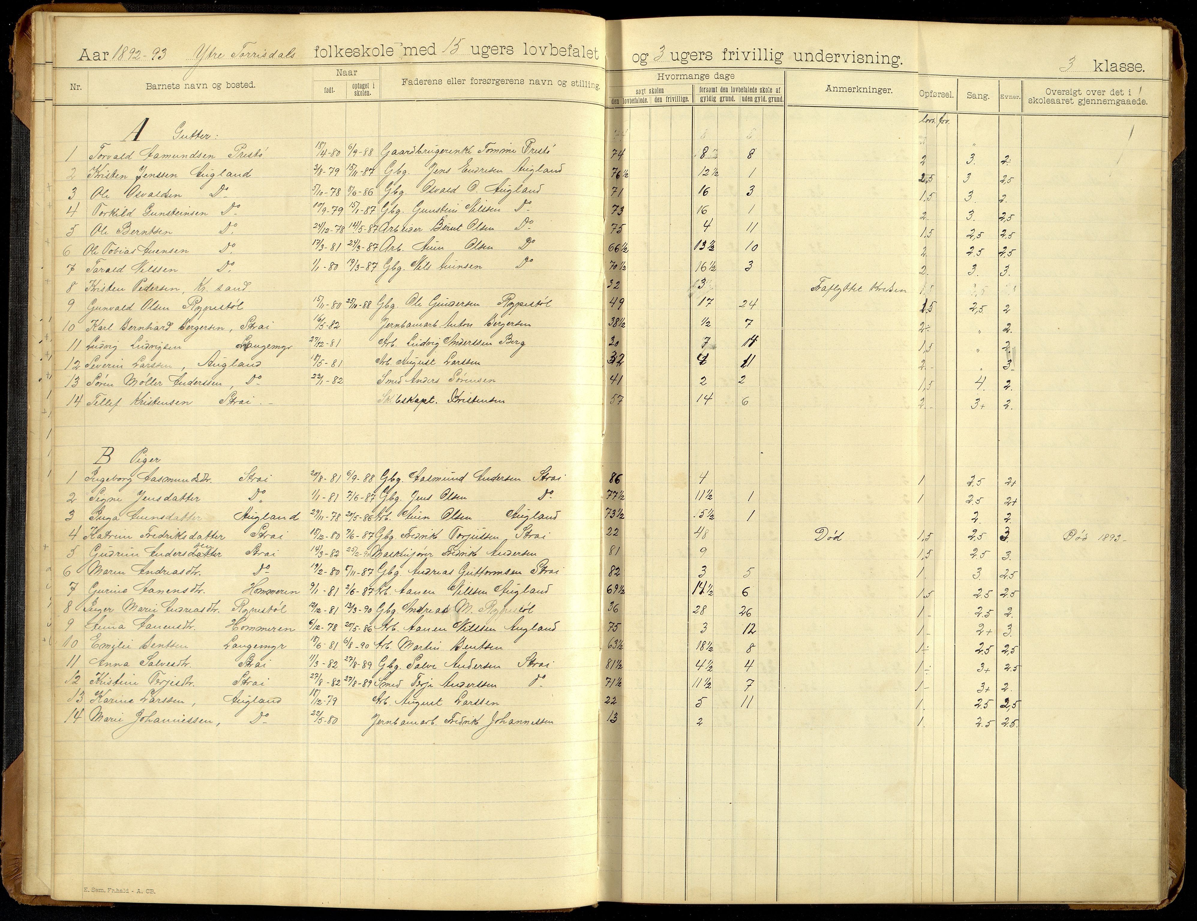 Oddernes kommune - Ytre Torridal skolekrets, ARKSOR/1001OD555/H/L0002: Skoleprotokoll (d), 1891-1902