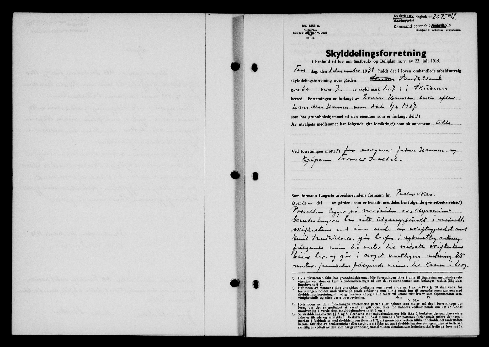 Karmsund sorenskriveri, SAST/A-100311/01/II/IIB/L0070: Pantebok nr. 51A, 1938-1939, Dagboknr: 2075/1938