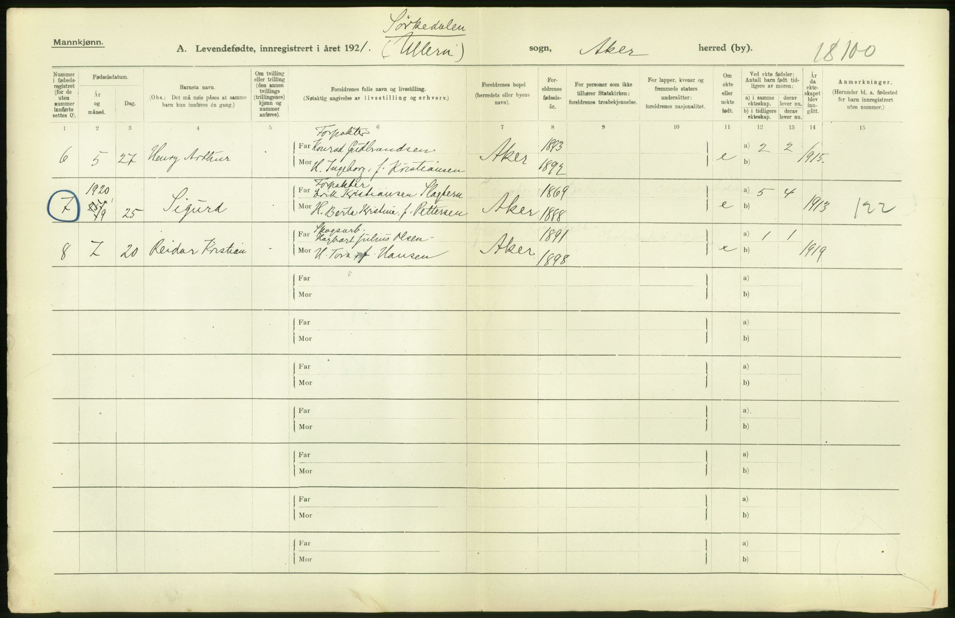 Statistisk sentralbyrå, Sosiodemografiske emner, Befolkning, AV/RA-S-2228/D/Df/Dfc/Dfca/L0004: Akershus fylke: Levendefødte menn og kvinner. Bygder., 1921, s. 36