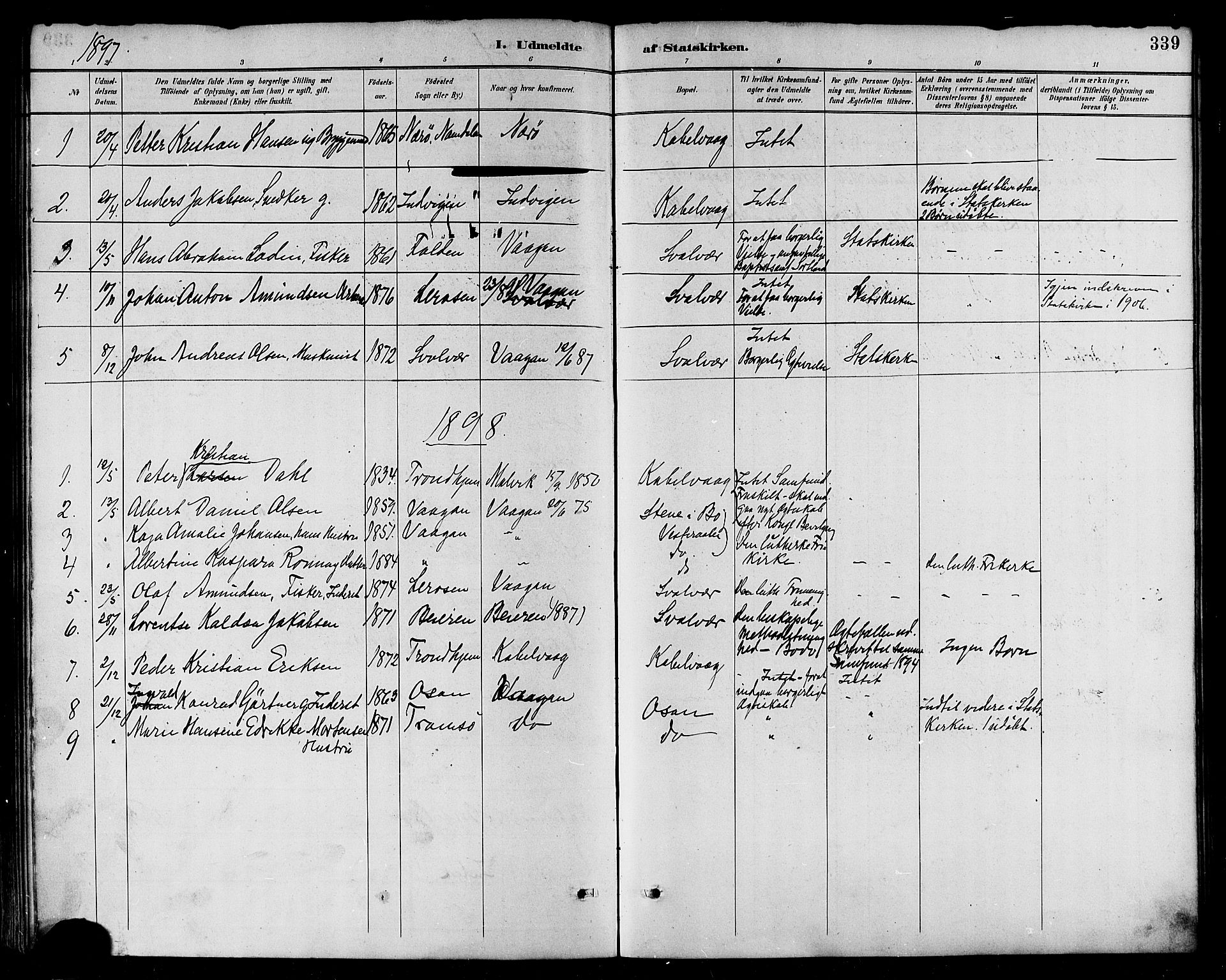 Ministerialprotokoller, klokkerbøker og fødselsregistre - Nordland, AV/SAT-A-1459/874/L1060: Ministerialbok nr. 874A04, 1890-1899, s. 339