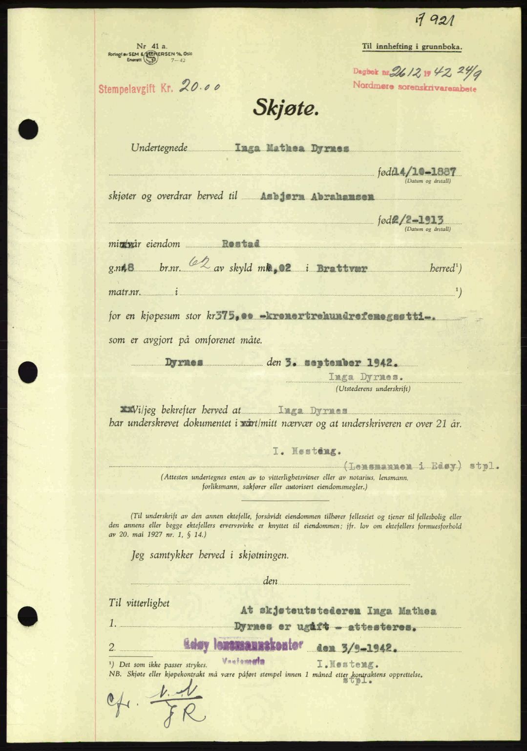 Nordmøre sorenskriveri, SAT/A-4132/1/2/2Ca: Pantebok nr. A93, 1942-1942, Dagboknr: 2612/1942