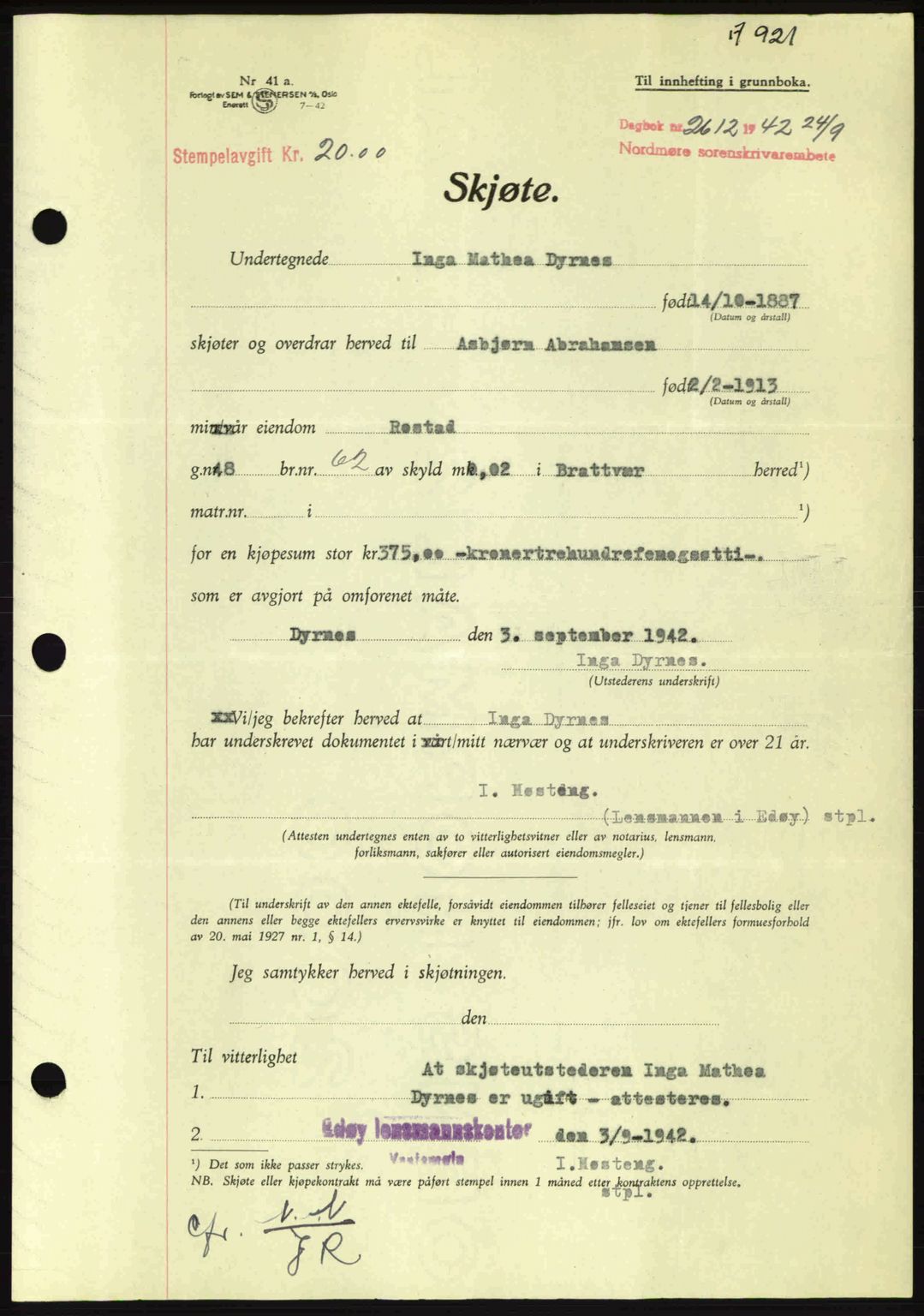 Nordmøre sorenskriveri, AV/SAT-A-4132/1/2/2Ca: Pantebok nr. A93, 1942-1942, Dagboknr: 2612/1942