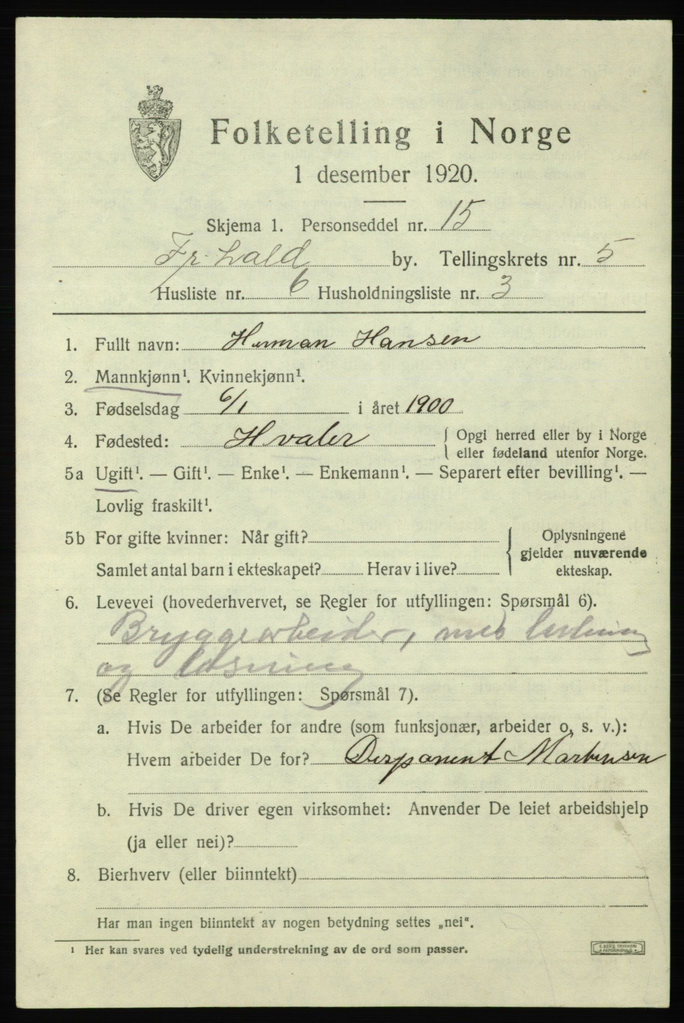 SAO, Folketelling 1920 for 0101 Fredrikshald kjøpstad, 1920, s. 12091