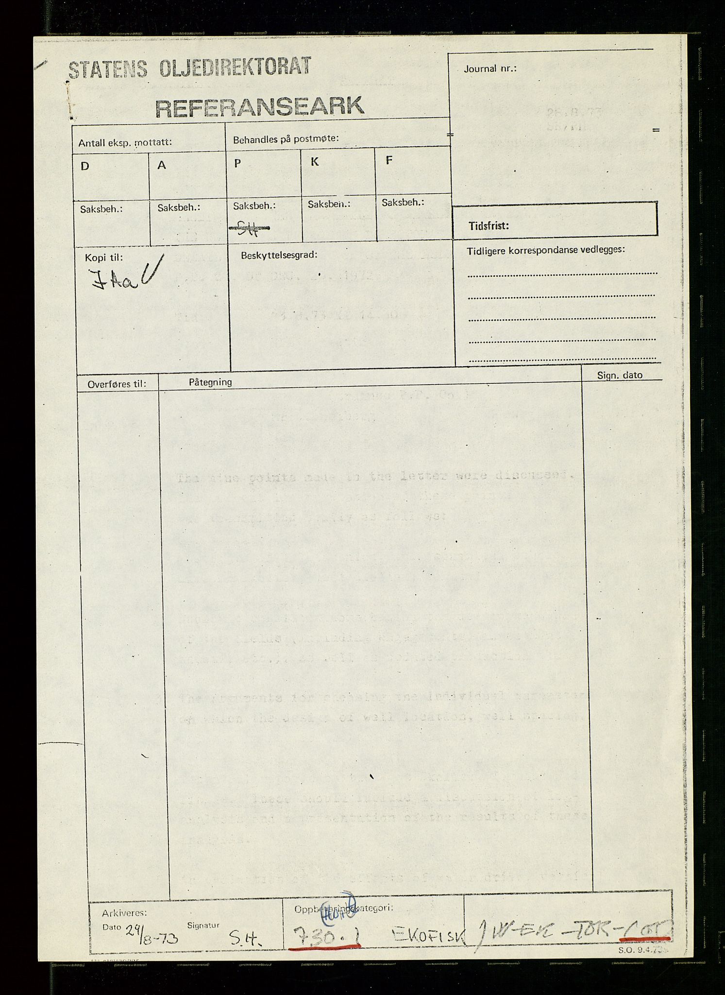 Oljedirektoratet, SAST/A-101366/Da/L0033: Sakarkiv: Albuskjell - Ekofisk, 1973