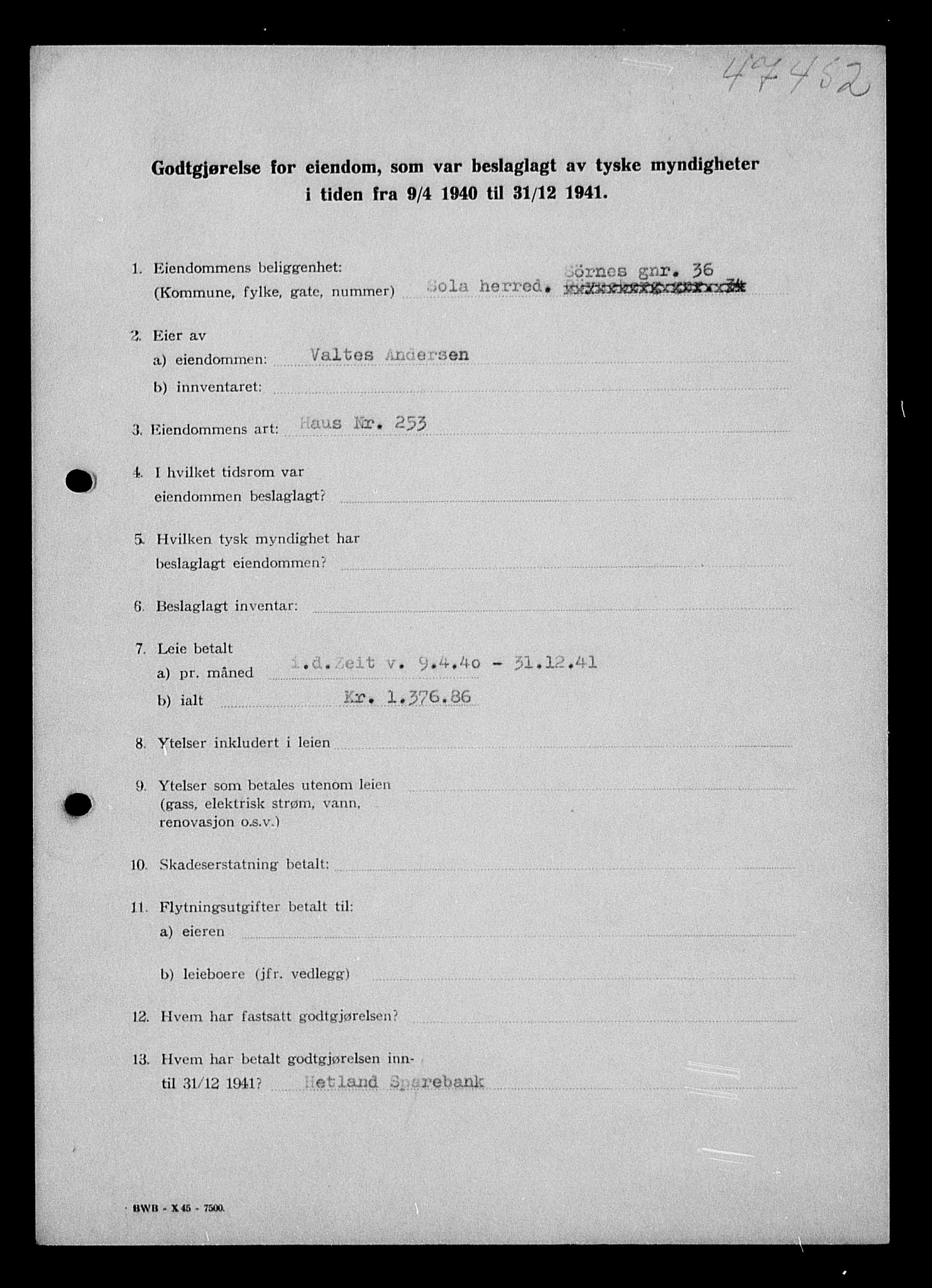 Justisdepartementet, Tilbakeføringskontoret for inndratte formuer, AV/RA-S-1564/I/L1014: Godtgjørelse for beslaglagt eiendom, 1940-1941, s. 163