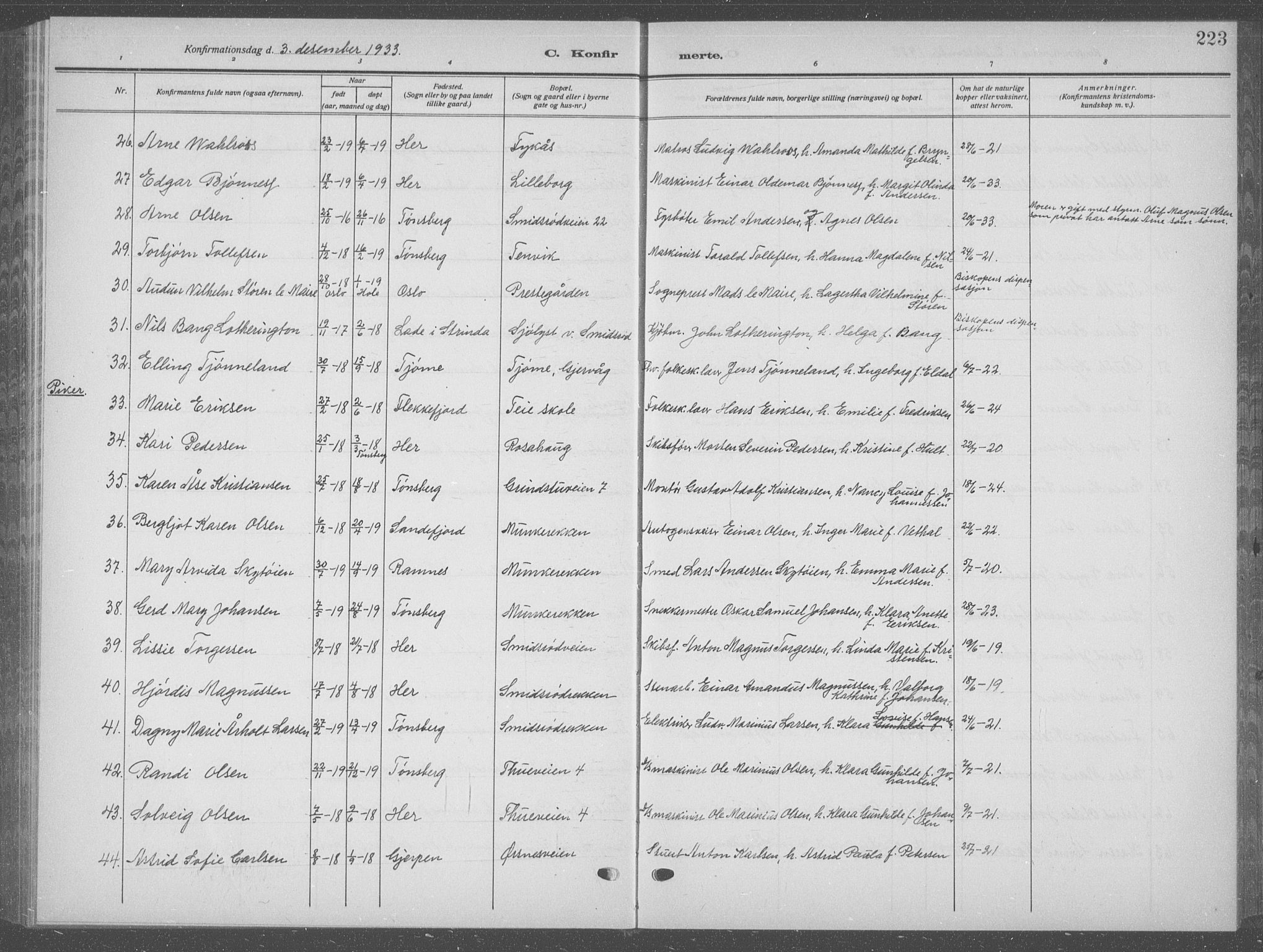 Nøtterøy kirkebøker, AV/SAKO-A-354/G/Ga/L0006: Klokkerbok nr. I 6, 1925-1939, s. 223