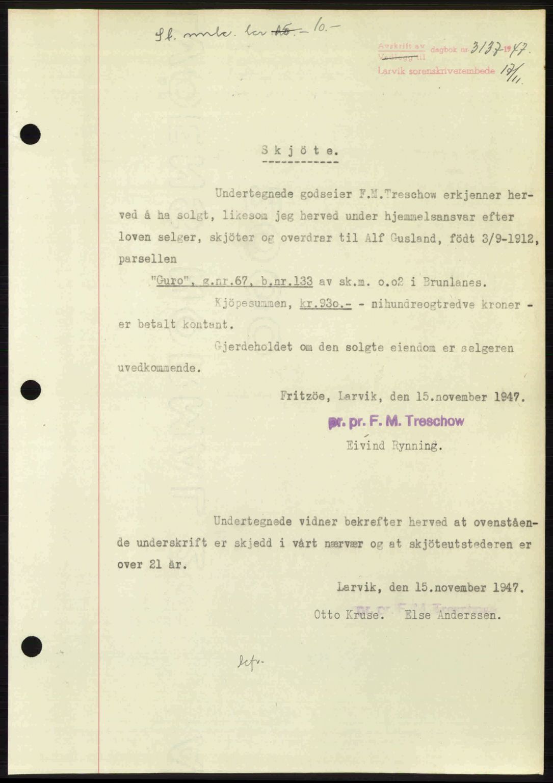 Larvik sorenskriveri, SAKO/A-83/G/Ga/Gab/L0085: Pantebok nr. A-19, 1947-1948, Dagboknr: 3137/1947