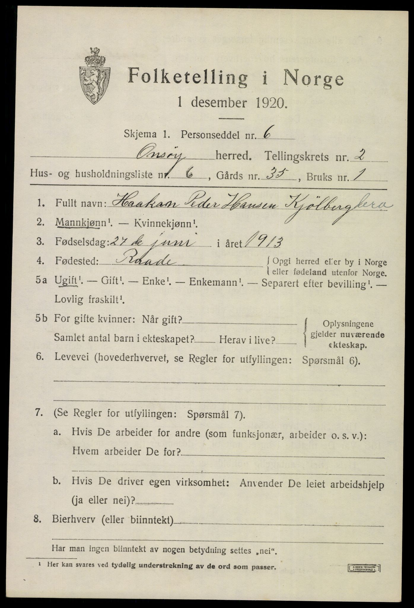 SAO, Folketelling 1920 for 0134 Onsøy herred, 1920, s. 3549
