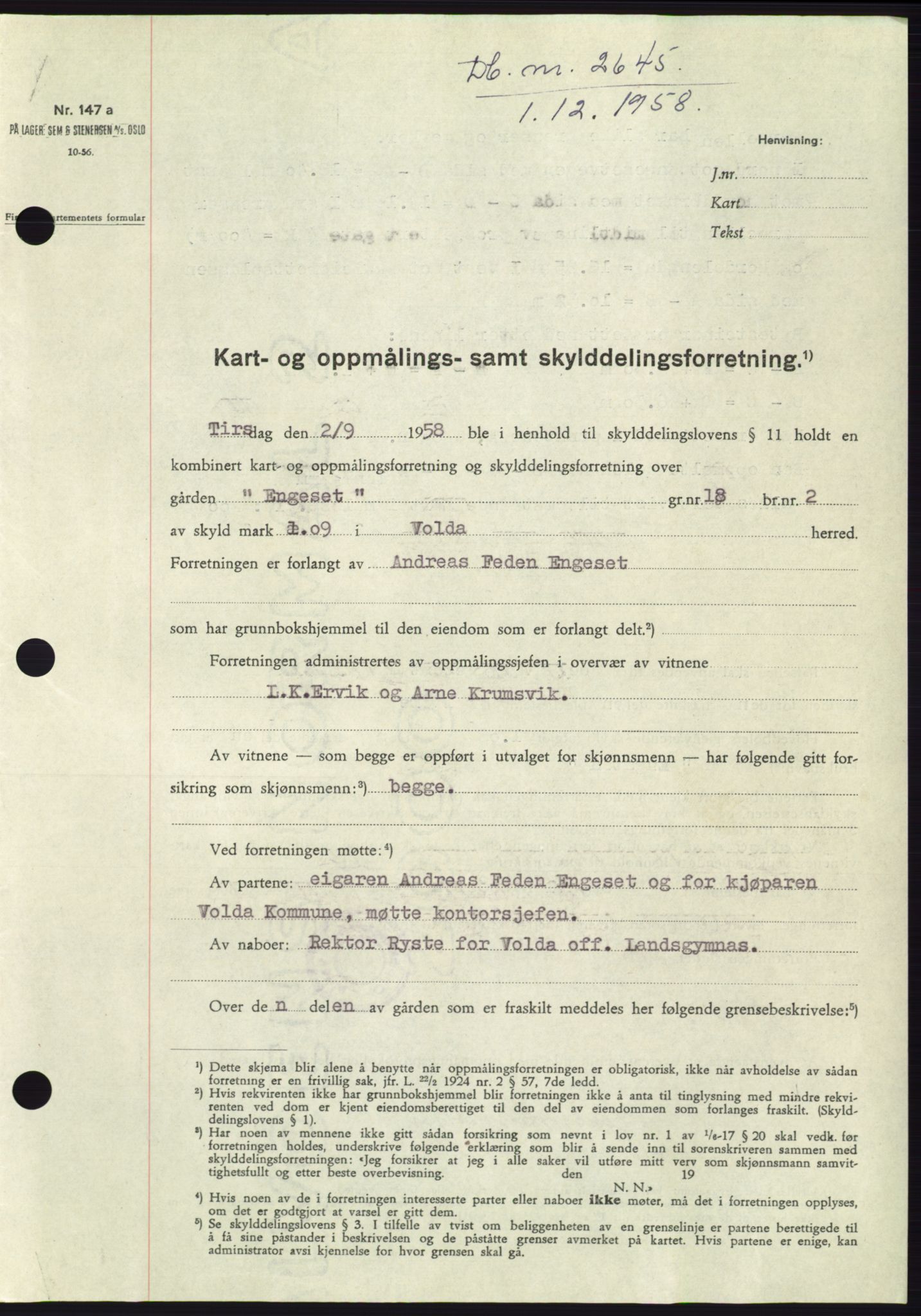 Søre Sunnmøre sorenskriveri, SAT/A-4122/1/2/2C/L0111: Pantebok nr. 37A, 1958-1959, Dagboknr: 2645/1958