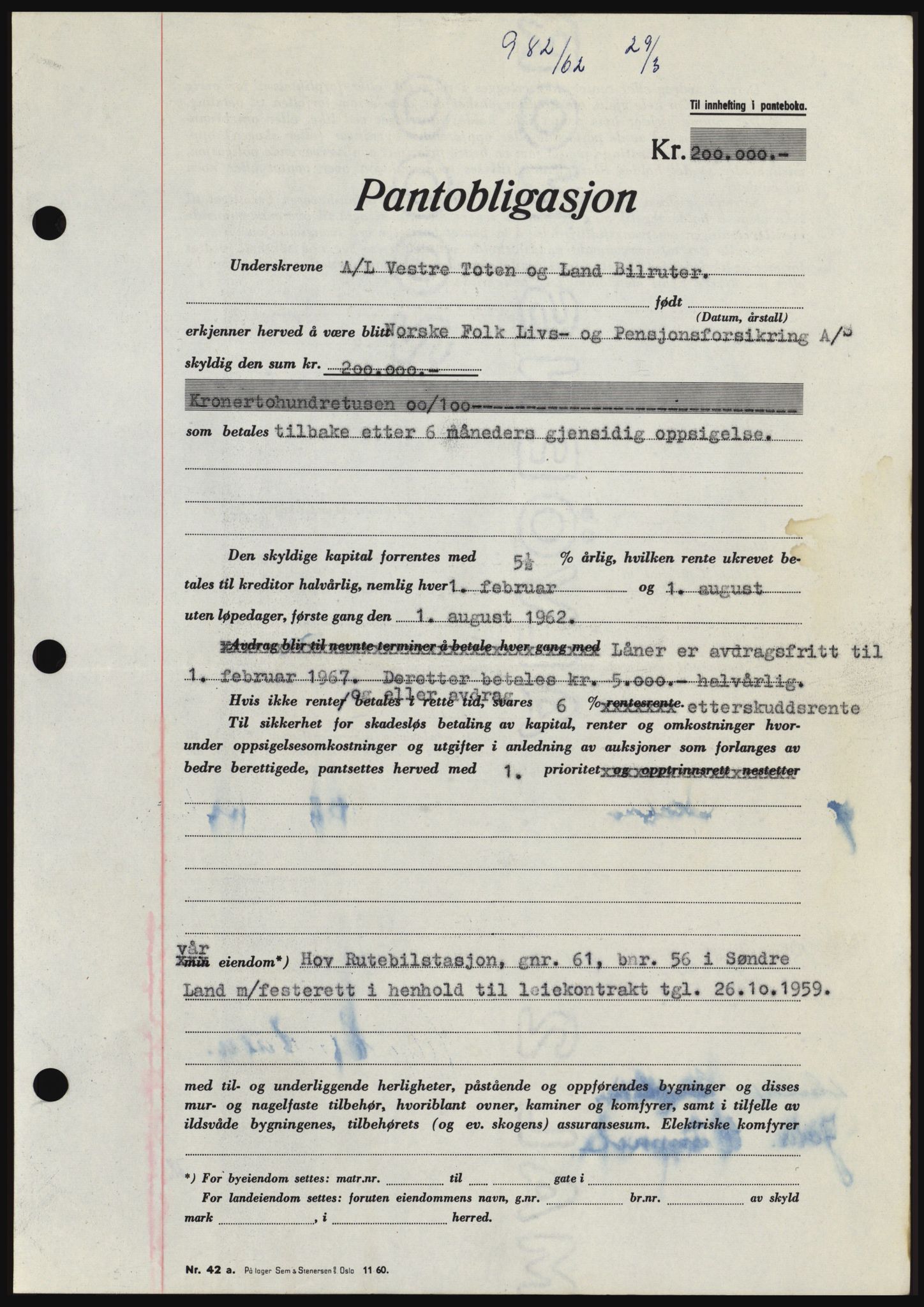 Hadeland og Land tingrett, SAH/TING-010/H/Hb/Hbc/L0048: Pantebok nr. B48, 1962-1962, Dagboknr: 982/1962