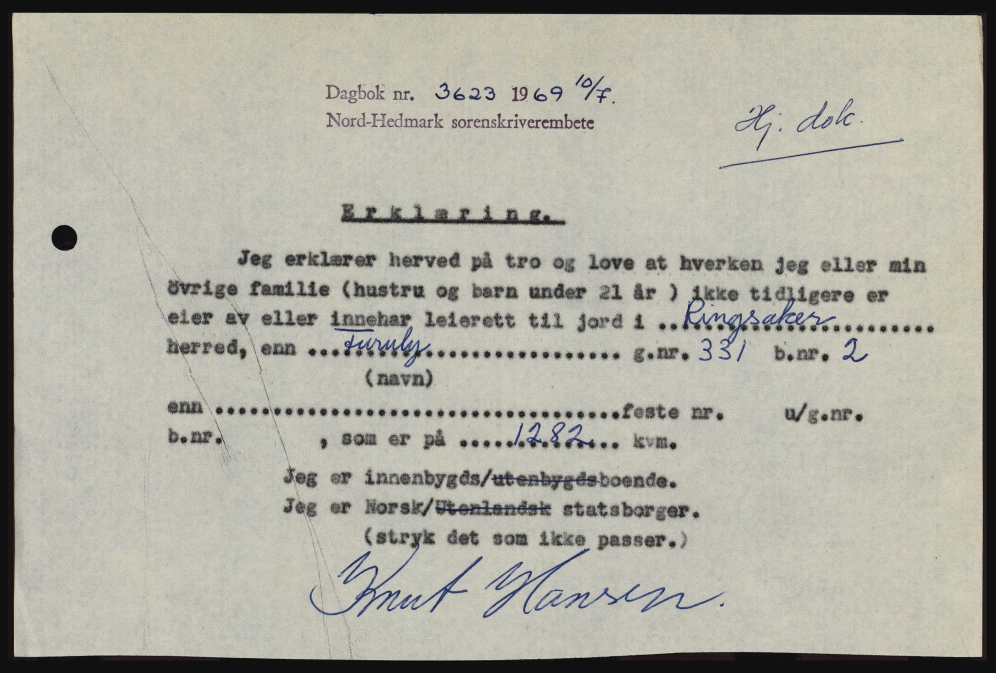 Nord-Hedmark sorenskriveri, SAH/TING-012/H/Hc/L0031: Pantebok nr. 31, 1969-1969, Dagboknr: 3623/1969