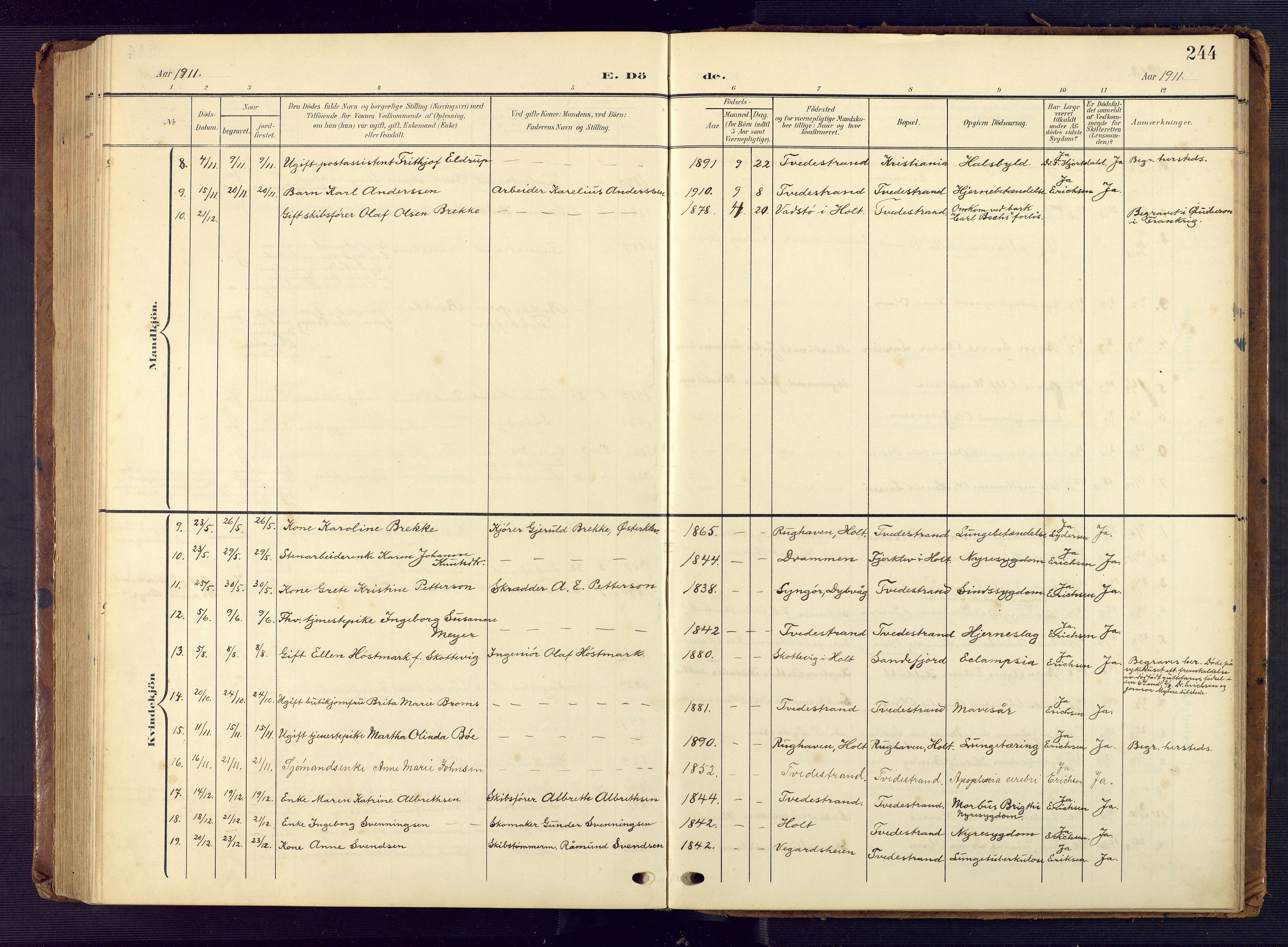 Tvedestrand sokneprestkontor, AV/SAK-1111-0042/F/Fb/L0001: Klokkerbok nr. B 1, 1902-1956, s. 244