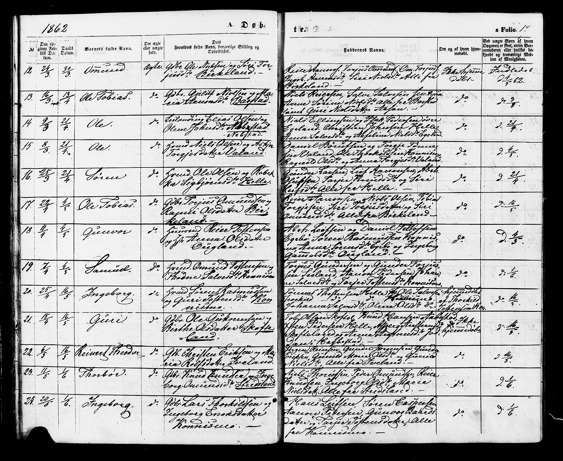 Nord-Audnedal sokneprestkontor, AV/SAK-1111-0032/F/Fa/Faa/L0002: Ministerialbok nr. A 2, 1857-1882, s. 17