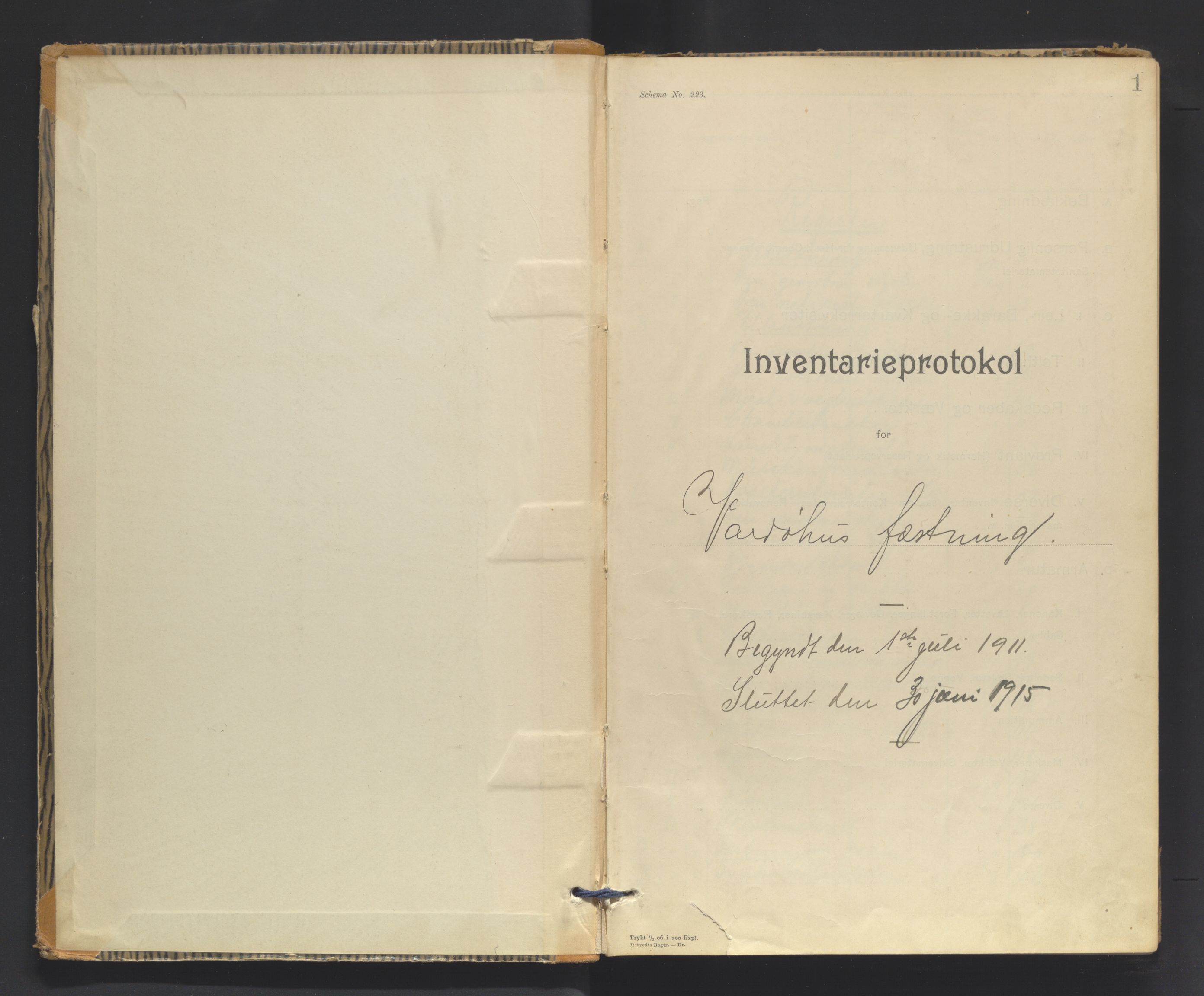 Vardøhus festning, SATØ/S-0036/Rx/L0292: Inventarprotokoller og -lister (før 1891, se journalsakene, jf. besiktelser). Med register., 1911-1915