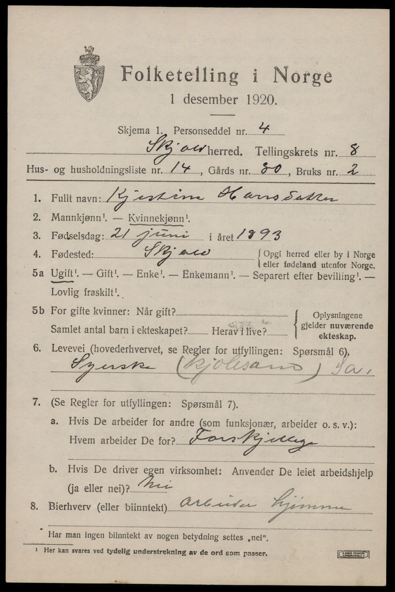 SAST, Folketelling 1920 for 1154 Skjold herred, 1920, s. 4322