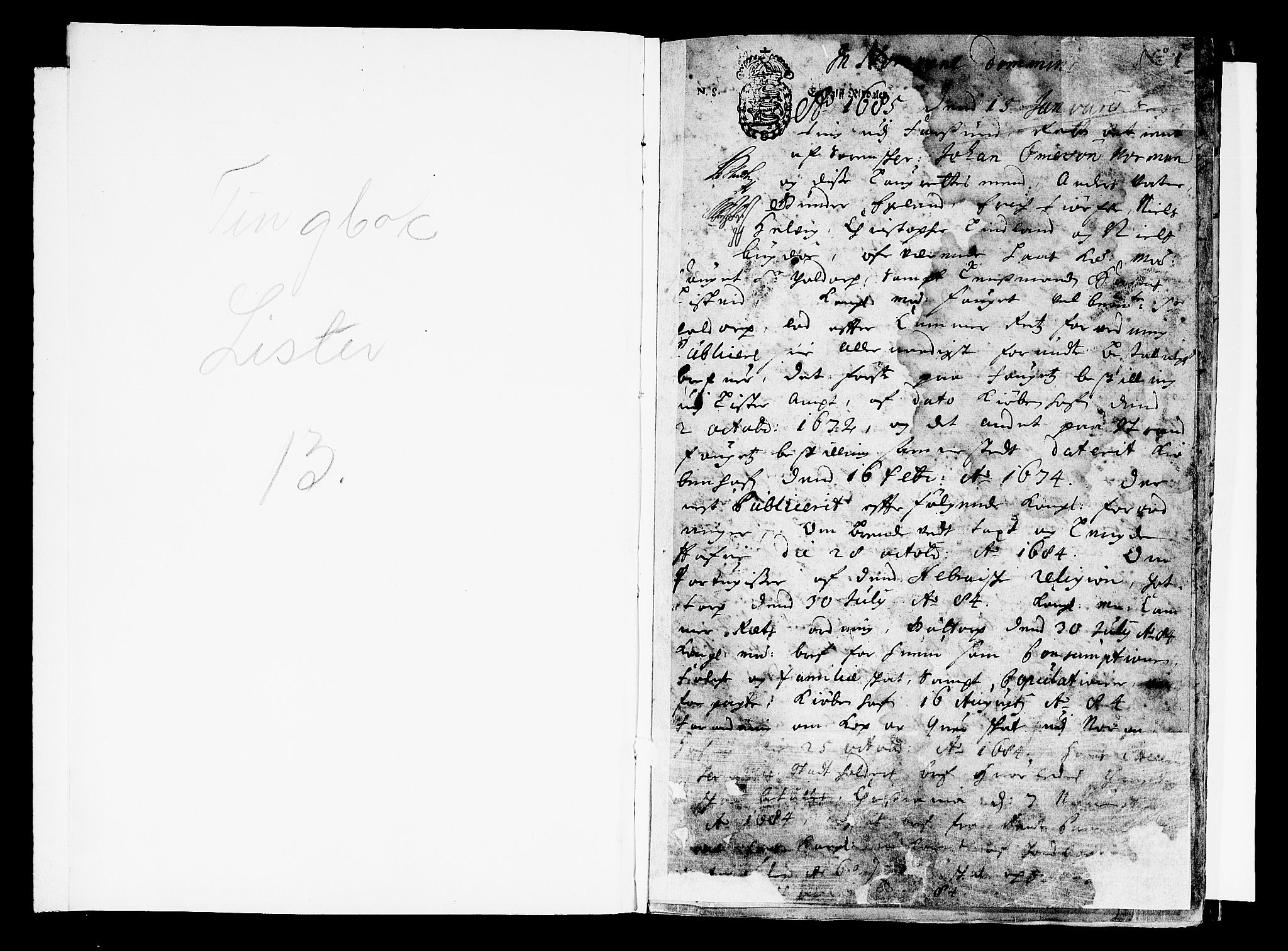 Lister sorenskriveri, SAK/1221-0003/F/Fa/L0013: Tingbok nr 13, 1685, s. 1a