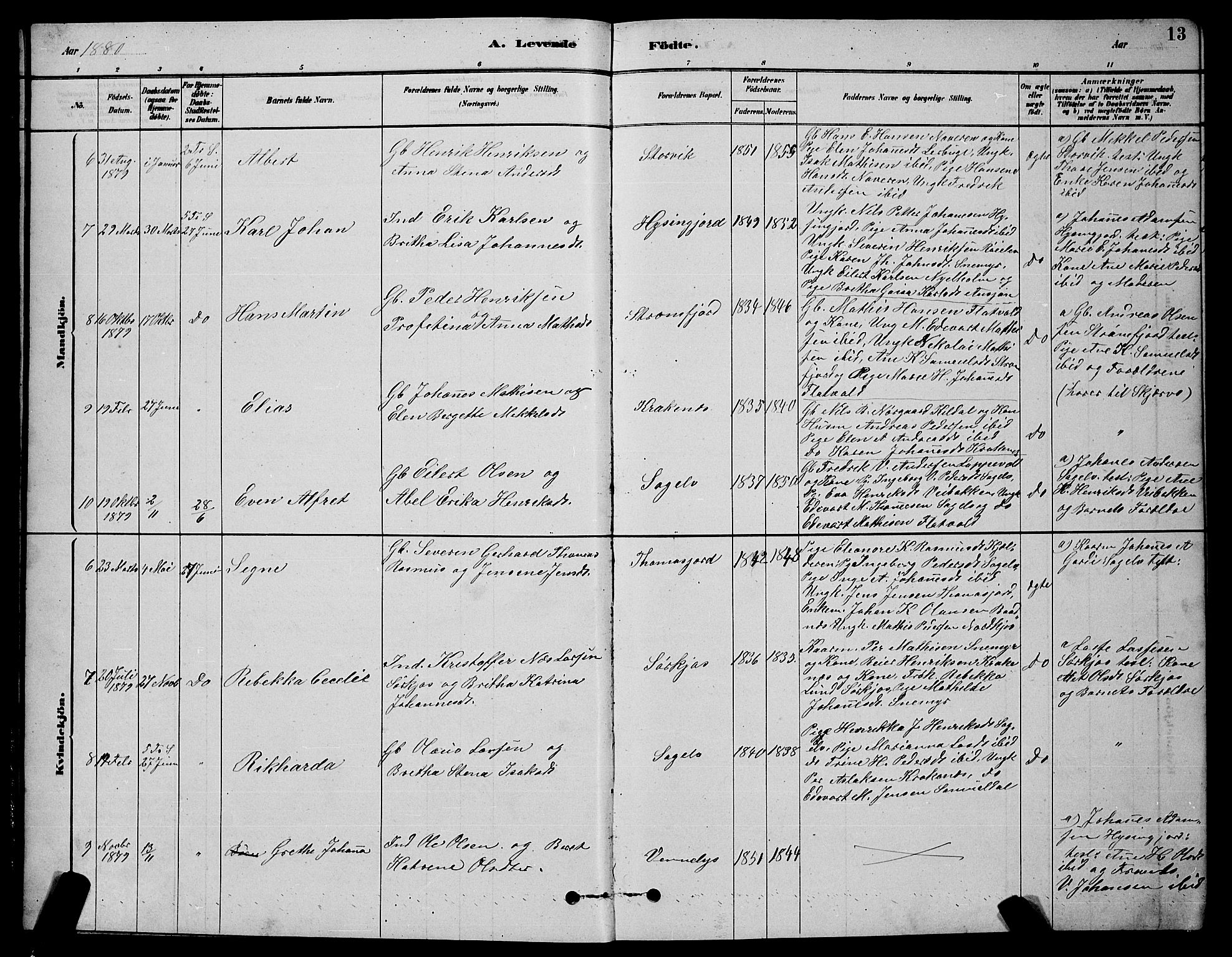 Skjervøy sokneprestkontor, AV/SATØ-S-1300/H/Ha/Hab/L0020klokker: Klokkerbok nr. 20, 1878-1892, s. 13