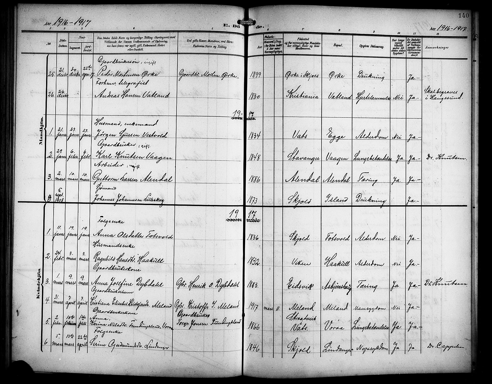 Skjold sokneprestkontor, SAST/A-101847/H/Ha/Hab/L0008: Klokkerbok nr. B 8, 1906-1920, s. 140