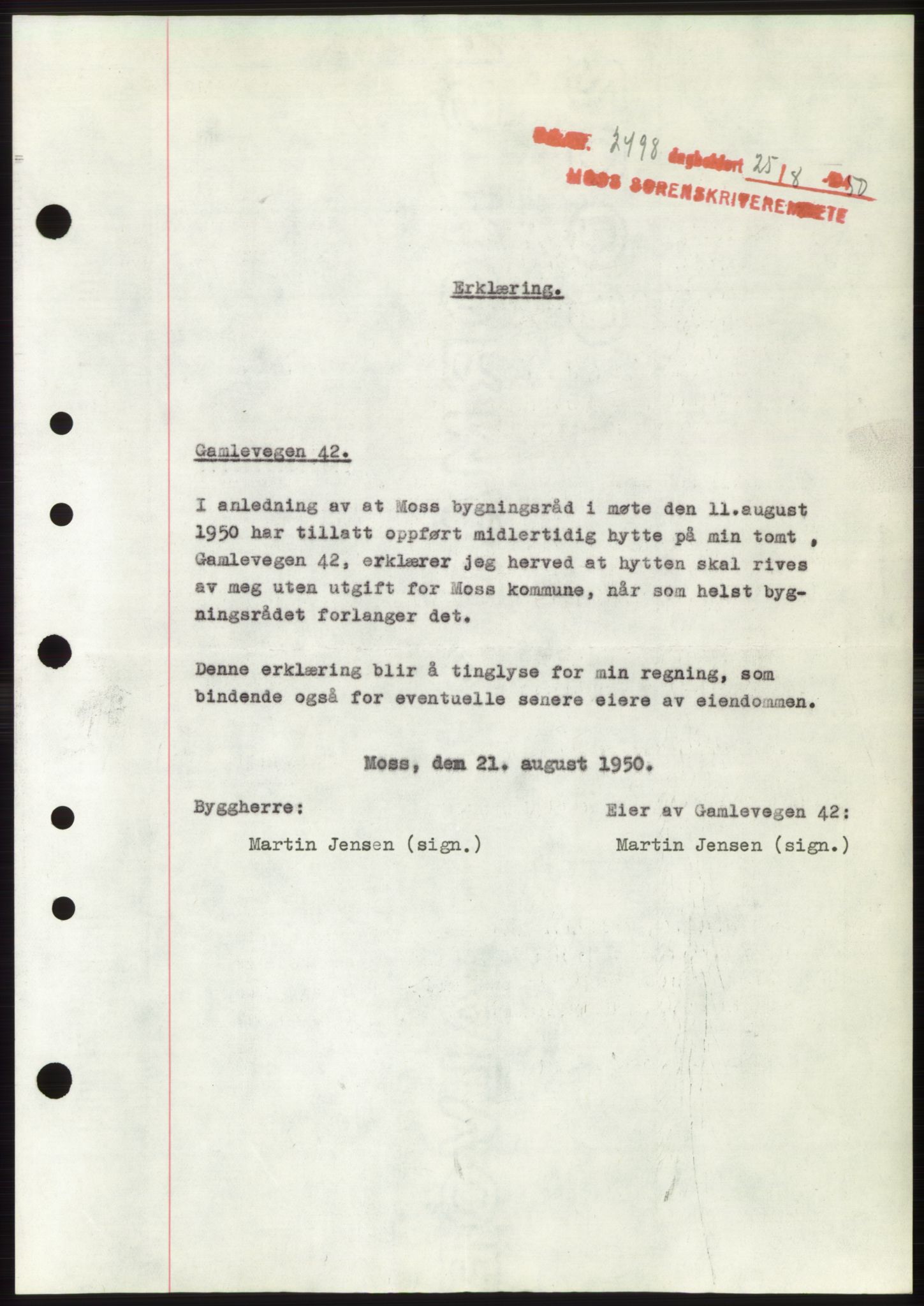 Moss sorenskriveri, SAO/A-10168: Pantebok nr. B25, 1950-1950, Dagboknr: 2498/1950