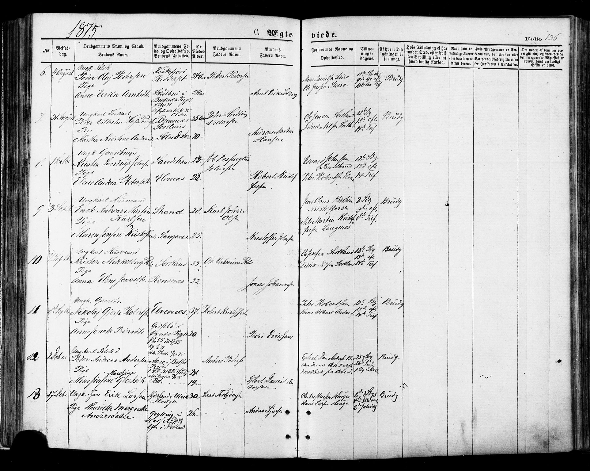Ministerialprotokoller, klokkerbøker og fødselsregistre - Nordland, SAT/A-1459/895/L1370: Ministerialbok nr. 895A05, 1873-1884, s. 136