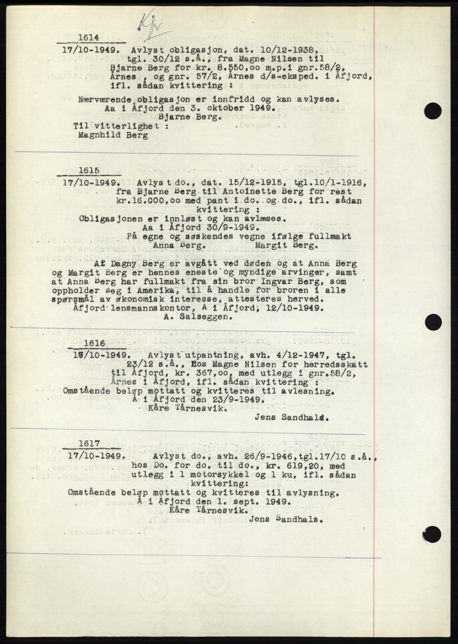 Fosen sorenskriveri, AV/SAT-A-1107/1/2/2C: Pantebok nr. B3, 1948-1950, Dagboknr: 1614/1949