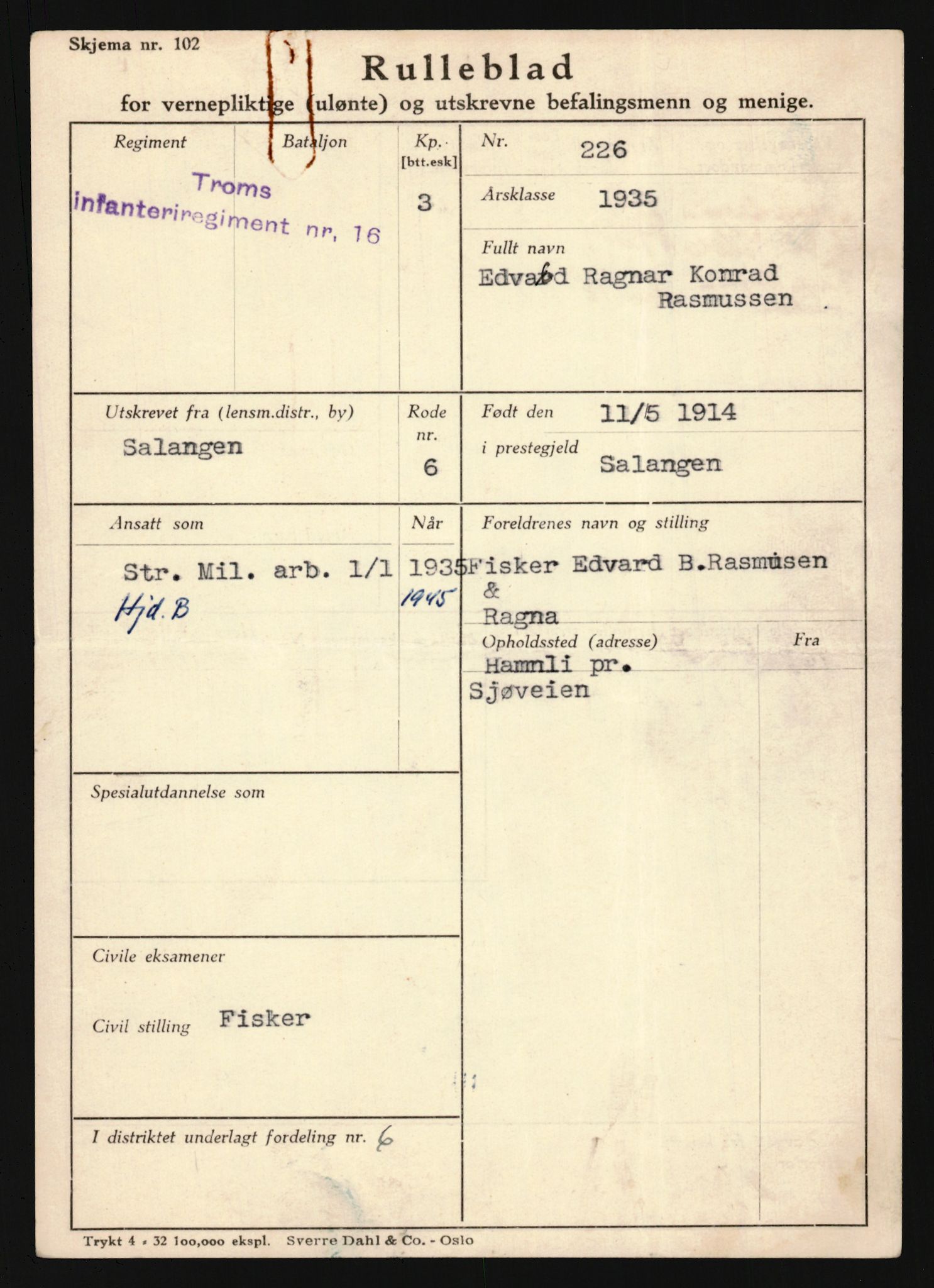 Forsvaret, Troms infanteriregiment nr. 16, AV/RA-RAFA-3146/P/Pa/L0019: Rulleblad for regimentets menige mannskaper, årsklasse 1935, 1935, s. 1071