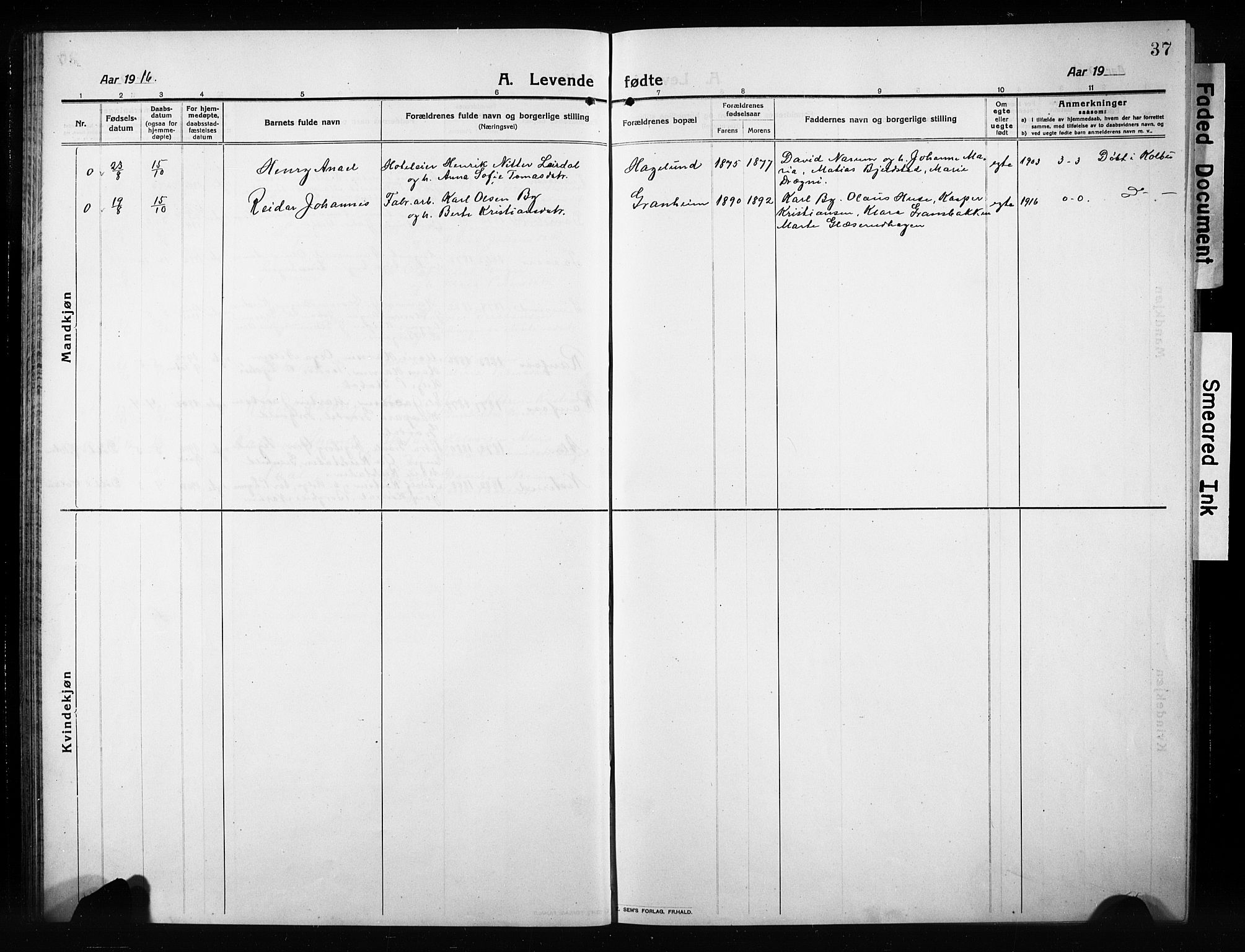 Vestre Toten prestekontor, AV/SAH-PREST-108/H/Ha/Hab/L0012: Klokkerbok nr. 12, 1909-1928, s. 37