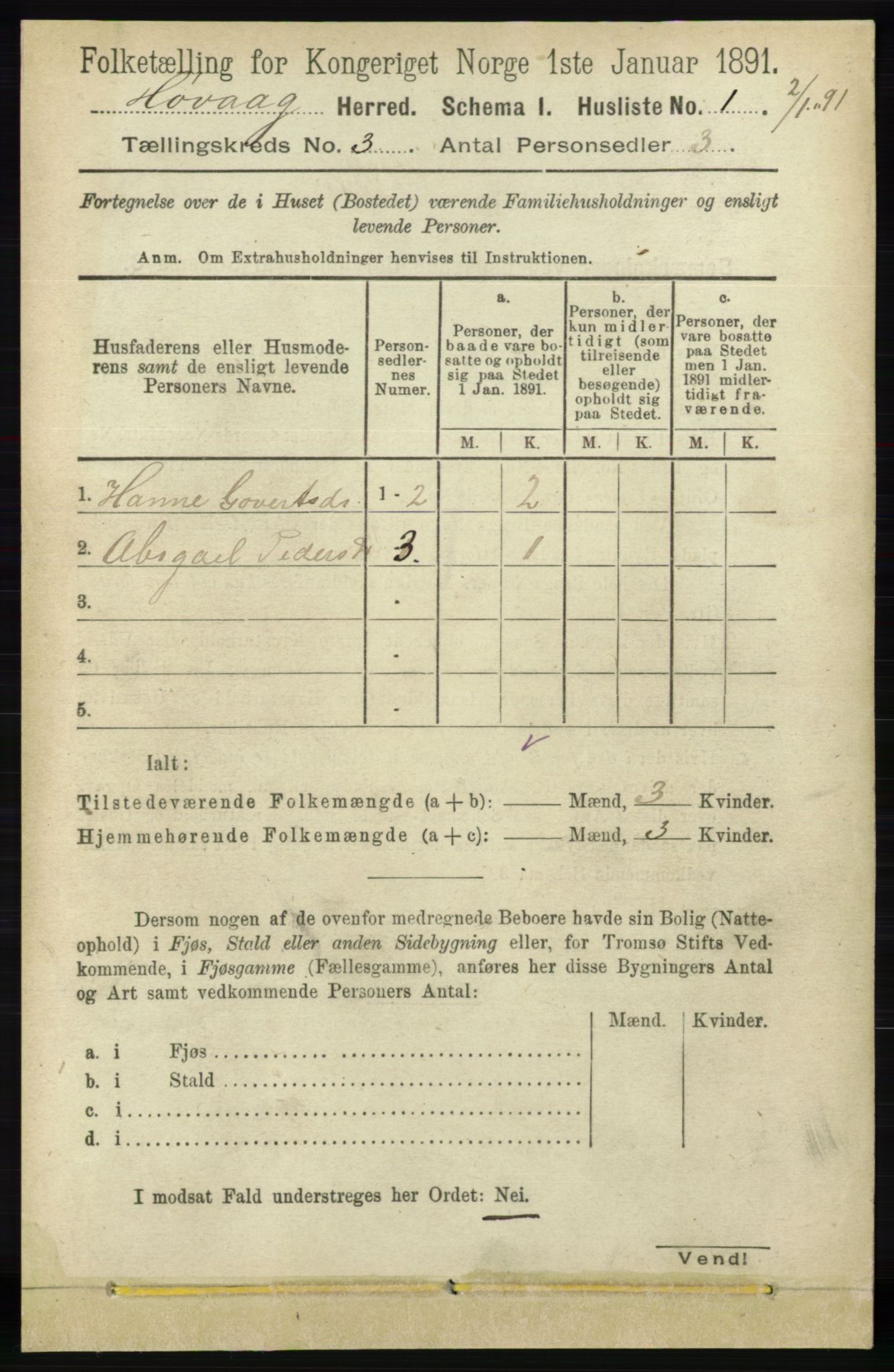 RA, Folketelling 1891 for 0927 Høvåg herred, 1891, s. 919