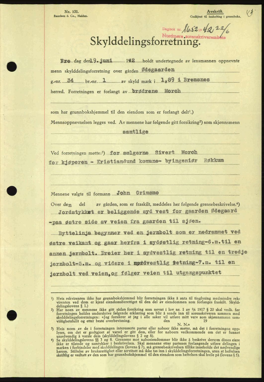 Nordmøre sorenskriveri, SAT/A-4132/1/2/2Ca: Pantebok nr. A93, 1942-1942, Dagboknr: 1652/1942