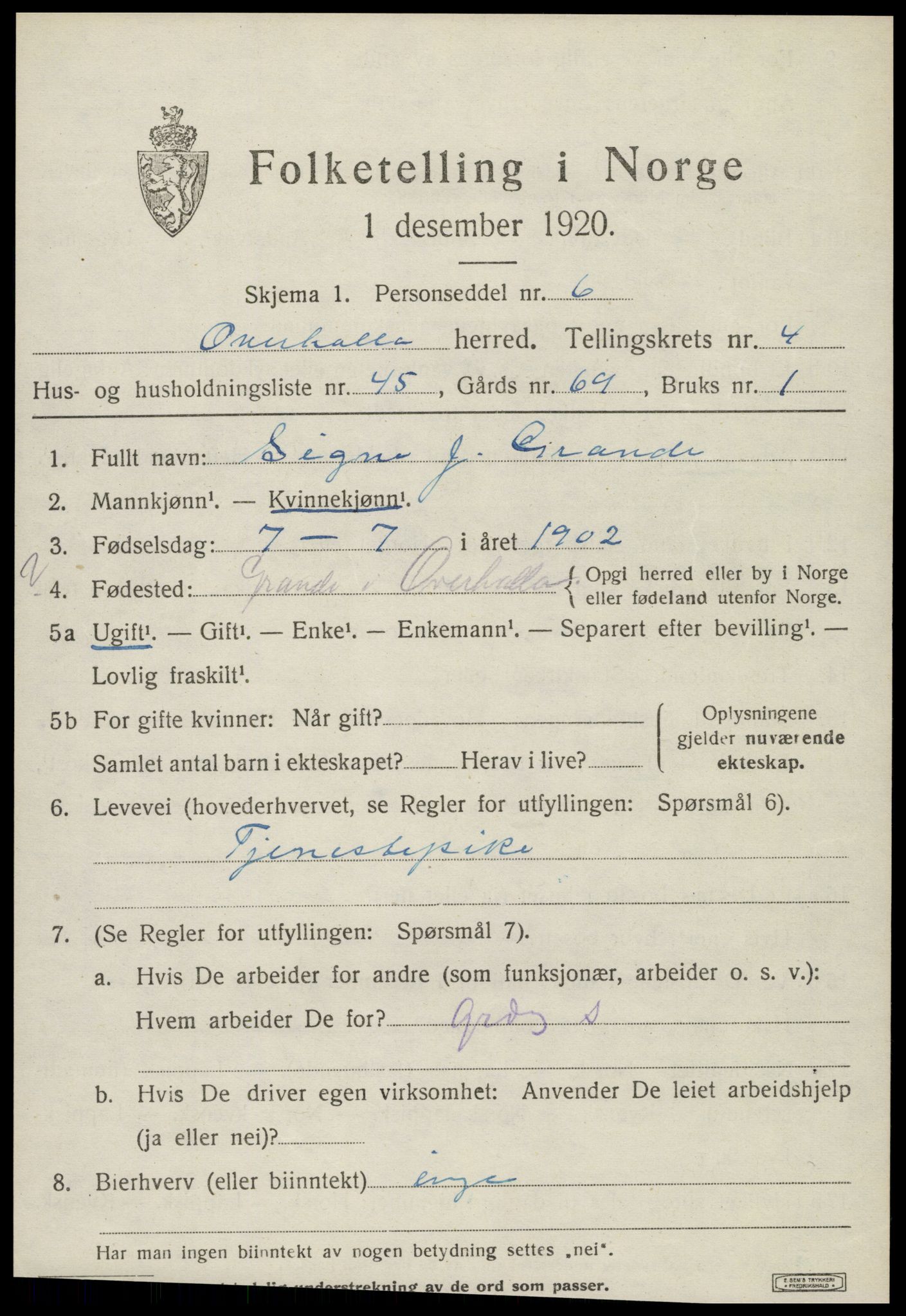 SAT, Folketelling 1920 for 1744 Overhalla herred, 1920, s. 3074