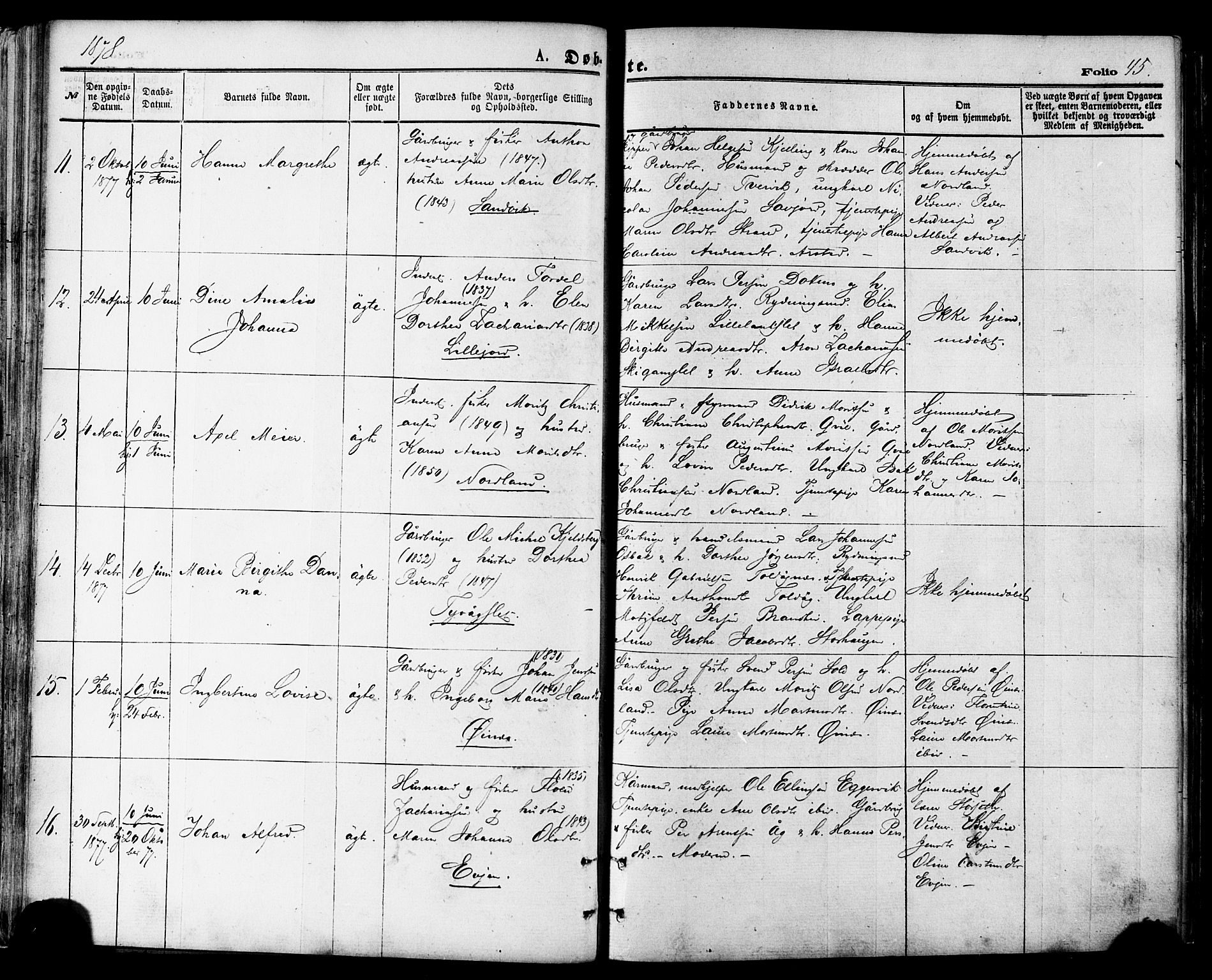 Ministerialprotokoller, klokkerbøker og fødselsregistre - Nordland, AV/SAT-A-1459/846/L0645: Ministerialbok nr. 846A03, 1872-1886, s. 45