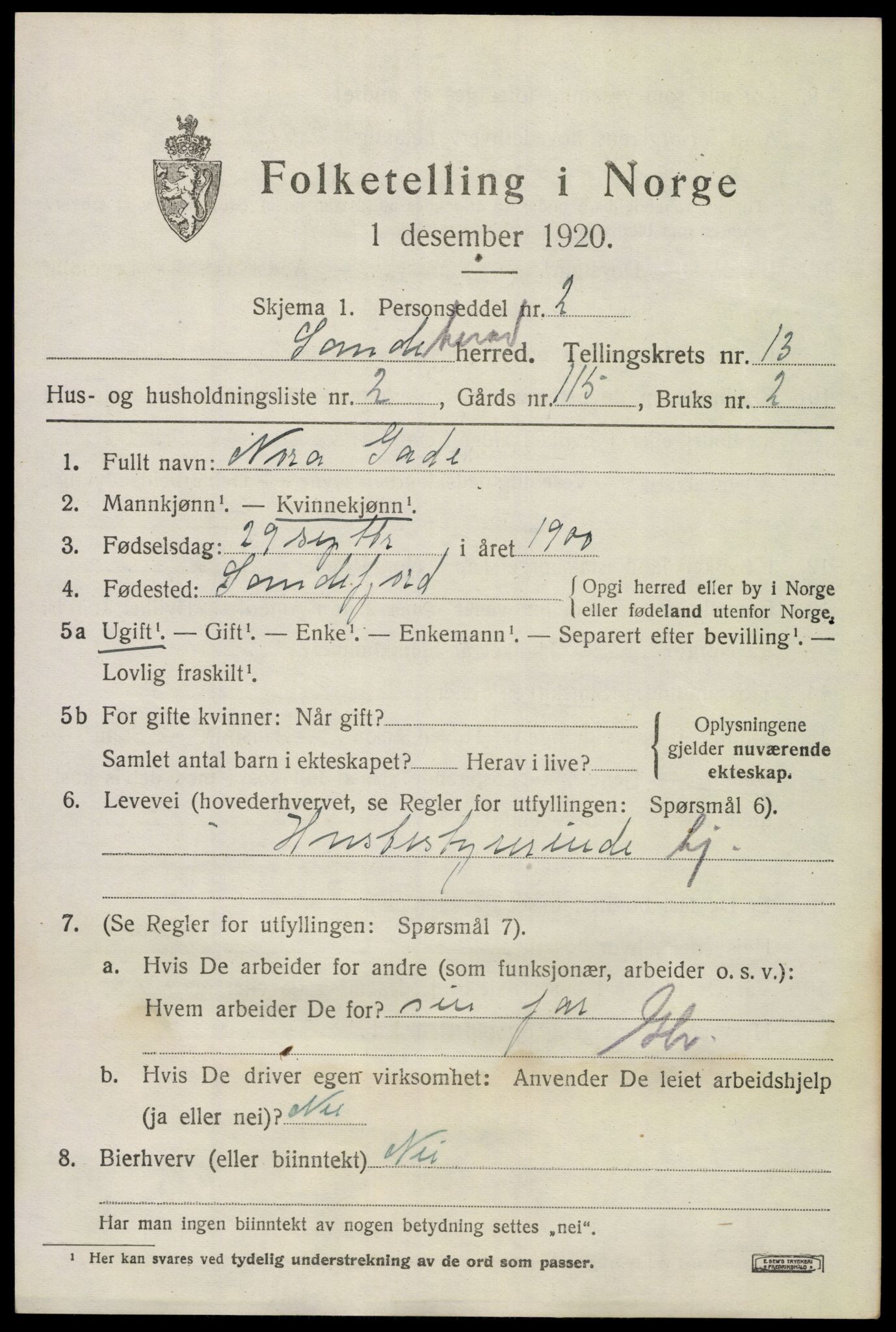SAKO, Folketelling 1920 for 0724 Sandeherred herred, 1920, s. 19114
