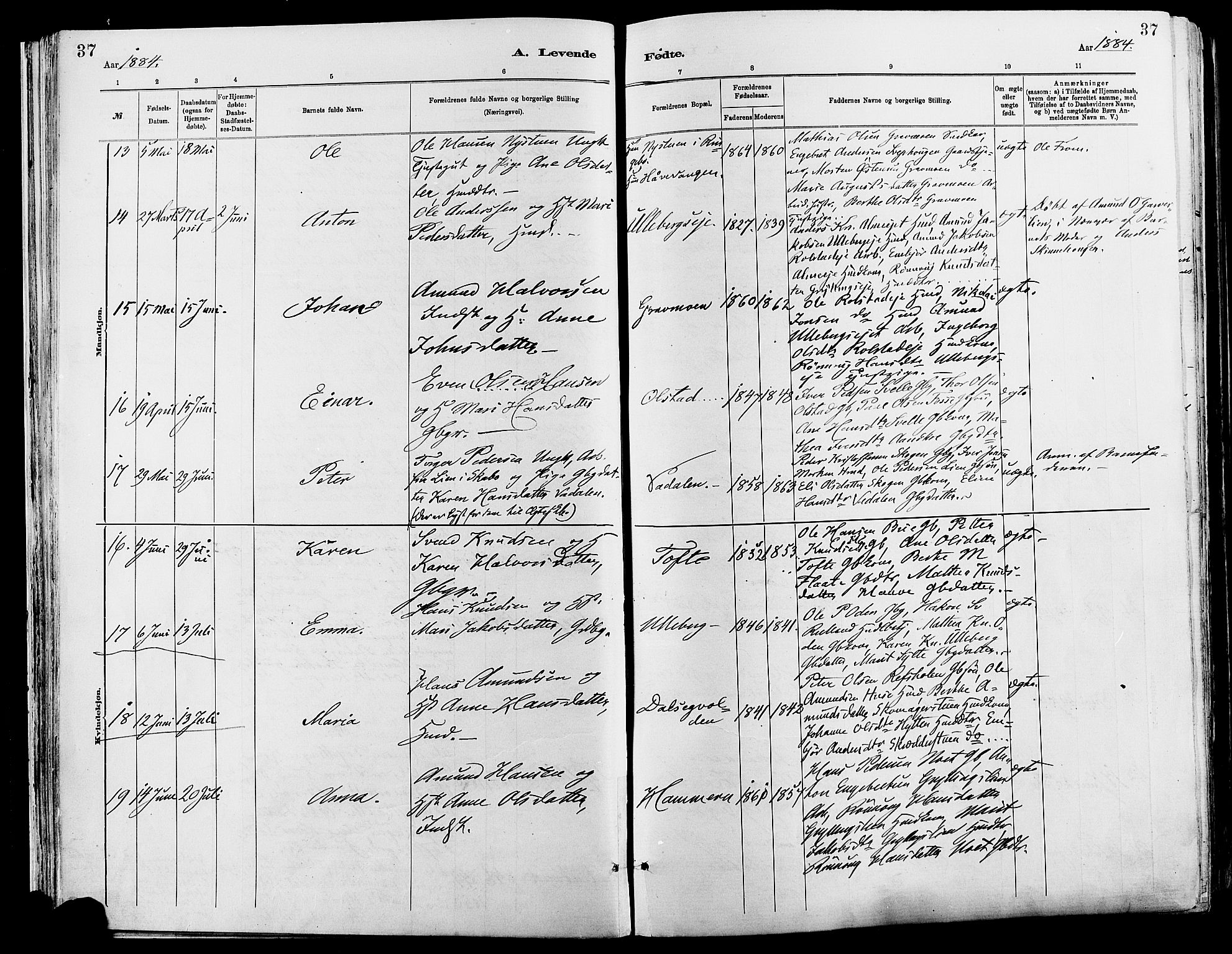 Sør-Fron prestekontor, AV/SAH-PREST-010/H/Ha/Haa/L0003: Ministerialbok nr. 3, 1881-1897, s. 37